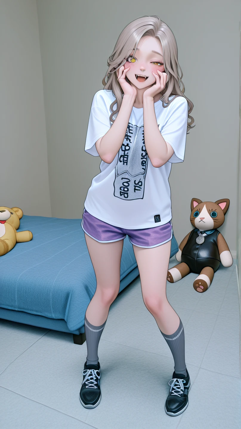 1girl, solo, cowboy shot, bathroom, midnight, squatting, blue hair, blond braids, hair over eyes, covered eyes, blunt bangs, silver eyes, dark skin, dark-skinned female, animal hoodie, bellbottoms, heart earrings, coral footwear, sneakers, medium breasts, wavy mouth