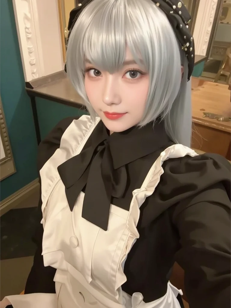 1girl, Kujou Yuzuha, Black Shirt, Long Hair, Grey Hair, Realistic, Ultra Detail, 70mm Lens