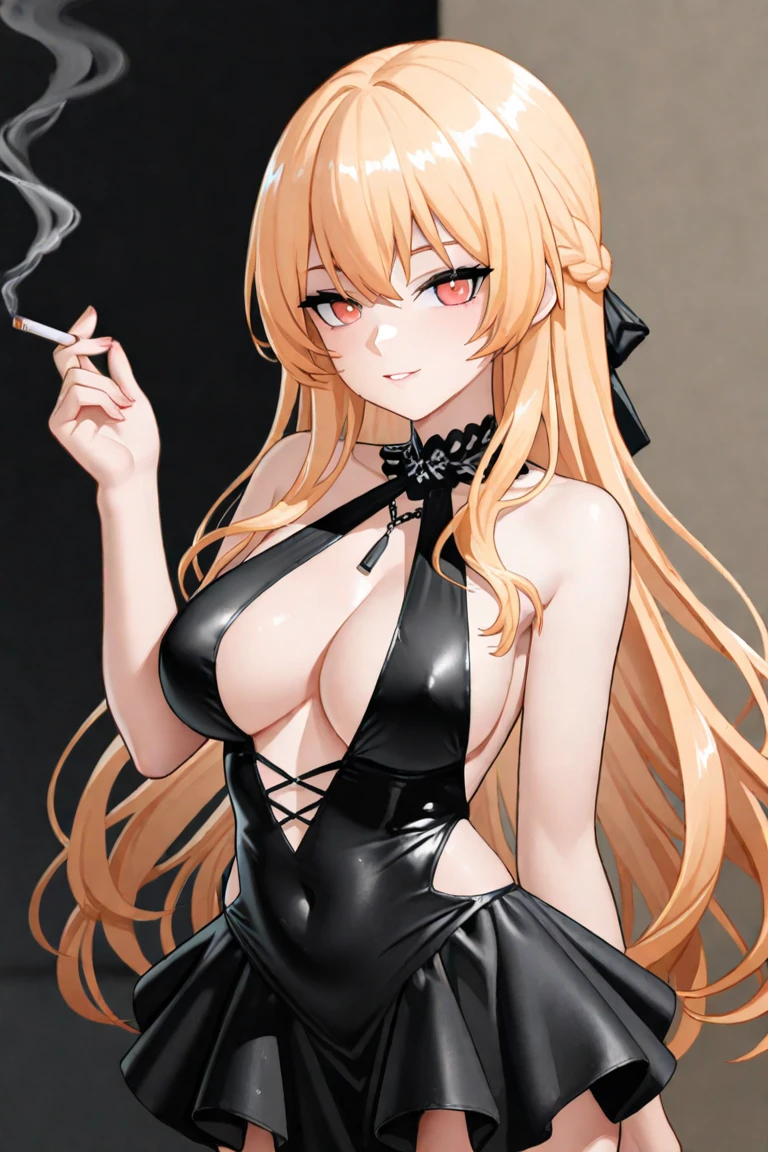 1WOMAN, Solo, One pretty black woman with light, tan skin. Large breasts. Pale blonde hair with honey blonde cat ears. Sexy, grey eyes with hearts in them. Flowy Blonde hair with bangs, while in a playboy bunny costume. Her hair is flowing behind her. The background is a light pink, cloudy background.