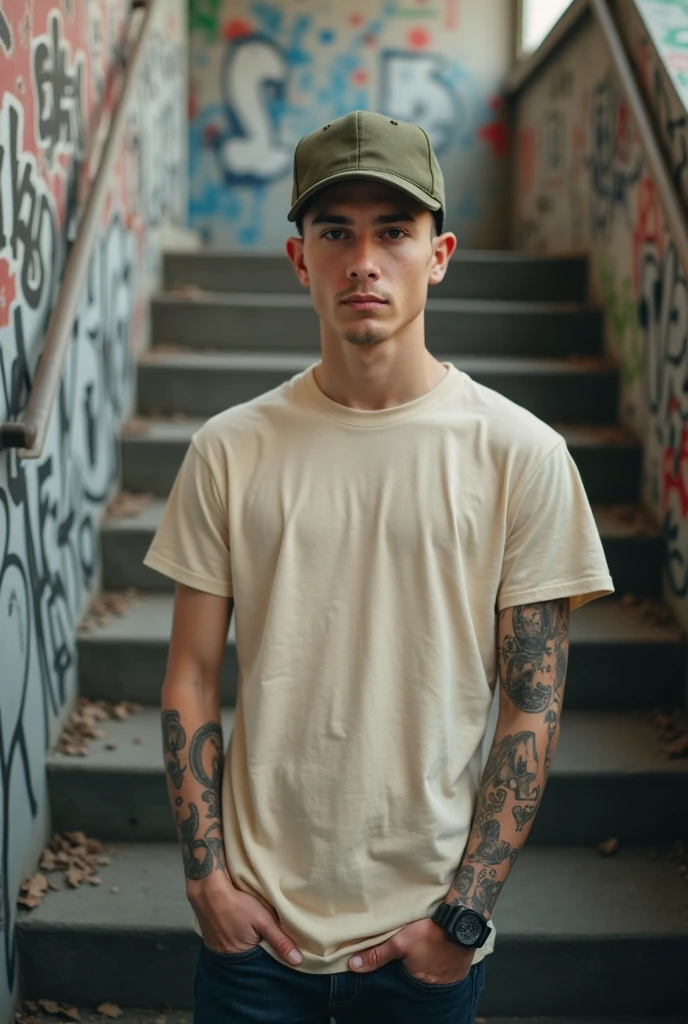 Boy with glasses and dressed in beige pants and a basic mustard-colored shirt with a black backwards cap and who has two tattoos on both arms 
