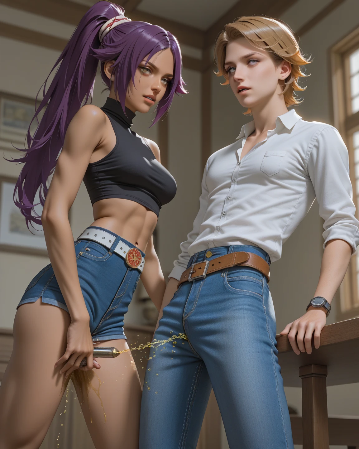 Portrait of an African-American female, with dark black dreadlocks, purple eyes, dark brown skin, pointed ears, small nose, sexy combat attire, skimpy attire, looking at the spectator, perfect composition, hyper-detailed, 8K, high quality, perfect eyes, trending art, trending on artstation, sharp focus, studio photo, intricate details, (((Girl and guy having sex))), R 1 8