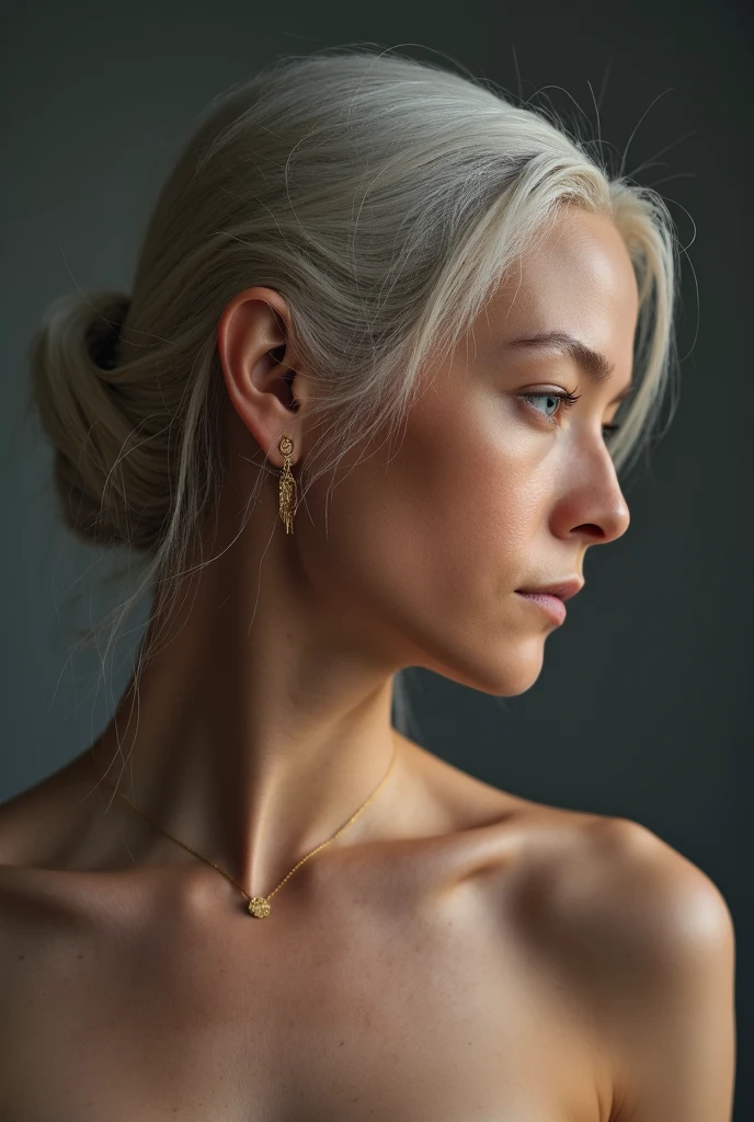 Full body shot,any4,blonde hair bun, volumetric lighting,masterpiece,extremely detailed skin,pores,cinematic,add_detail, naked, eye contact, from above, on her knees