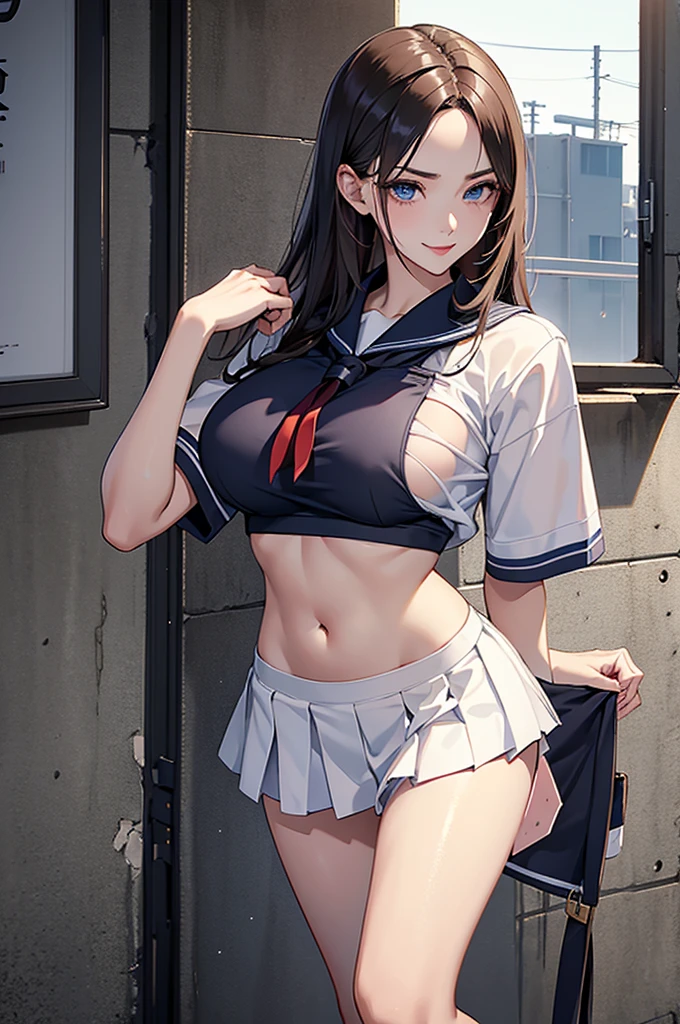 (8k,Photorealistic, masutepiece, Best Quality, Raw photo:1.3)、1girl in, 18years old,Solo,school girl, Long hair, Brown hair, Detailed beautiful face, alluring face, (Detailed beautiful brown eyes:1.2), big breasts,(underboob:1.3),(coverd nipples:1.1),(loos sailer uniform :1.35), ( Perfect body skinny beauty: 1.4),( temptation Pose:1.3), (Looking at Viewer, front view,eyes focus:1.2), Detailed background, (sunset:1.2), classroom,fine detailed, intricate detailes, Ray tracing, depth of fields, seductive smile,classroom,