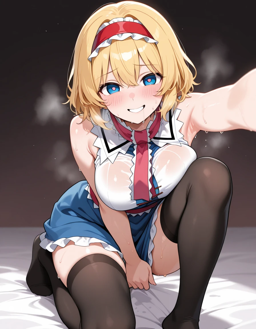 blonde、medium short、maid服、maid、、have double teeth、laughing、glaring at、blue eyes、Kitchen background、big breasts、tits、The morning sun shines in、wears big glasses、angry、full body picture、Take a look down from above
