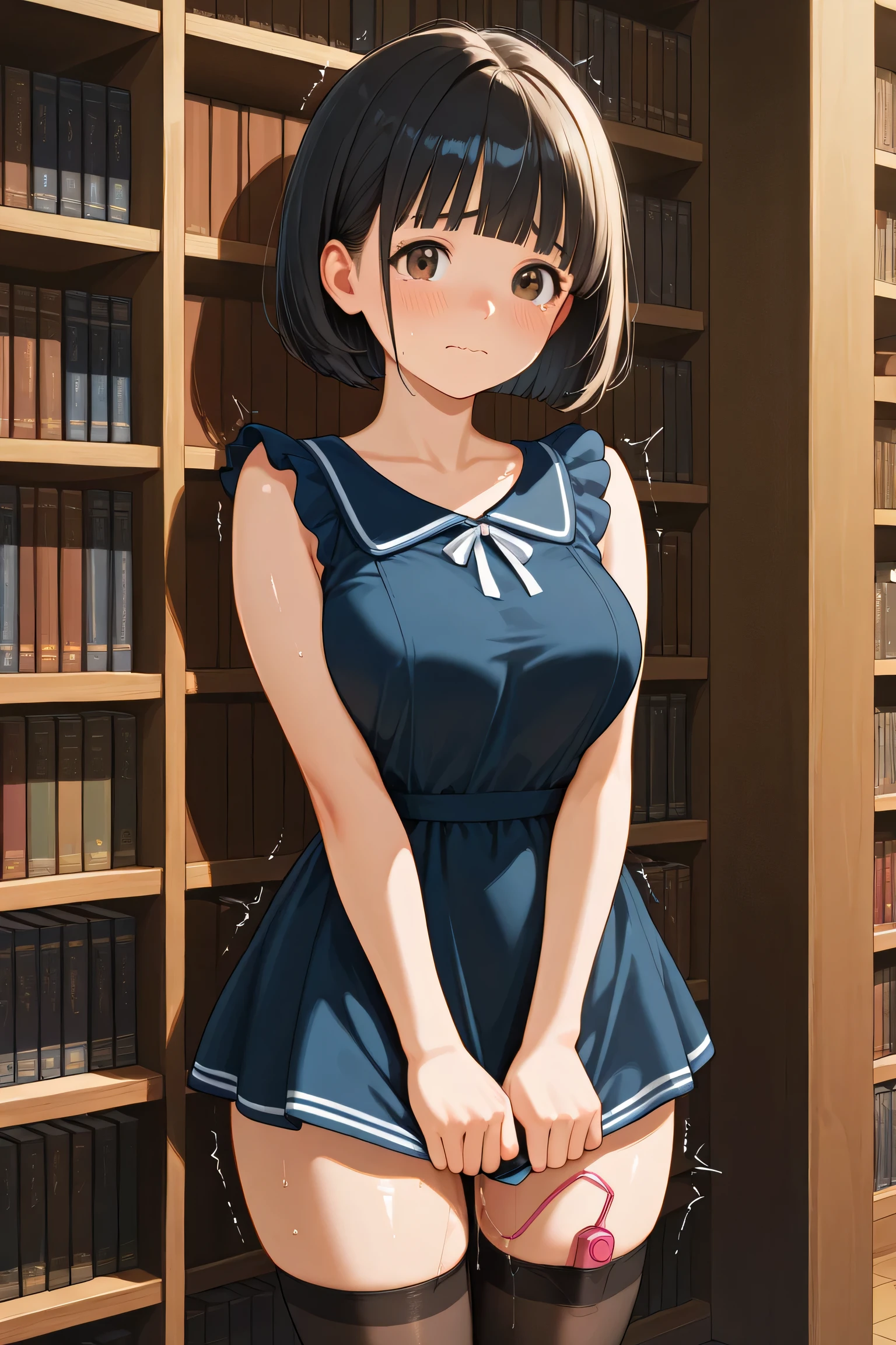1girl, standing, skirt tug, looking at viewer, cowboy shot,
BREAK girl, 22yo, short hair, bob cut, ear, (blunt bangs), black hair, (tareme:1.2), detailed cute brown eyes, curled eyelashes, (large breasts:0.8),
beautiful eyes, detailed eyes, beautiful face,
one-piece dress, cute clothes, mini skirt, zettai ryouiki, thighs, vibrator in thighhighs, pussy juice trail, trembling,
embarrassed, frown, tearful, wavy mouth, sweat,
library, dark room, light and shadow,
masterpiece, best quality, amazing quality, very aesthetic, absurdres, newest, (realistic), super detailed, extremely detailed, nsfw, explicit