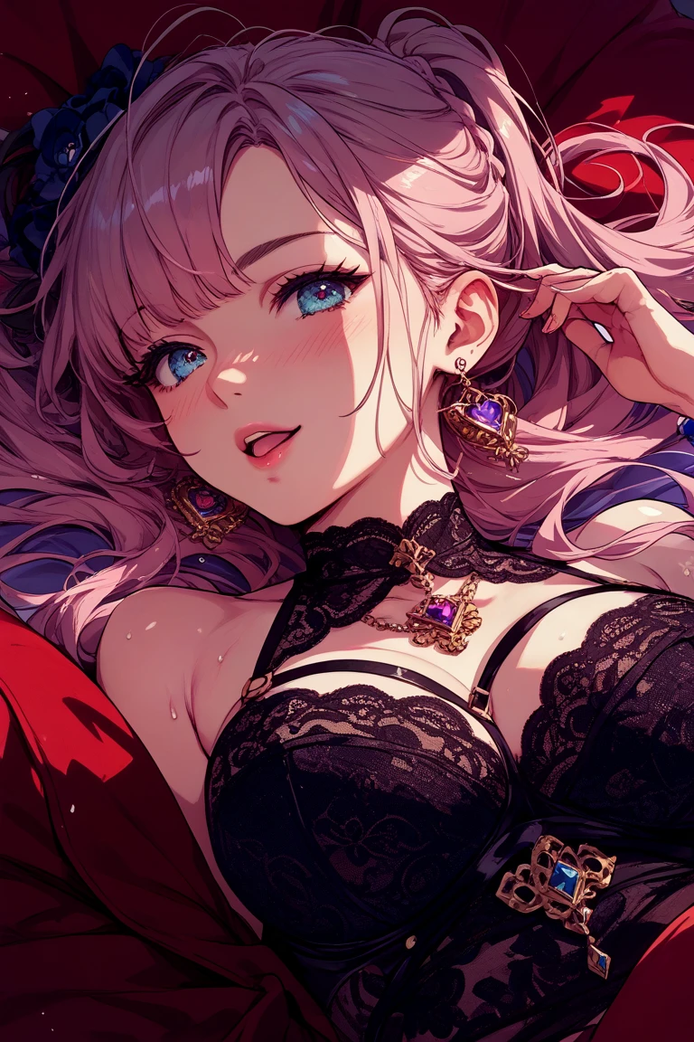 Kuroume_1024, ((shoujo-style, floral background, romance manhwa)), (close up), (1girl:1.2), platinum-blonde hair, solo, long hair, flower, dress, thick eyeblows, blue flower, wavy hair, closed mouth, collarbone, breast, cleavage, puffy sleeve, white dress, purple dress, elbow gloves, earrings, necklace, hair bow, face focus, beautiful face, detailed eyes, pupil, looking at viewer