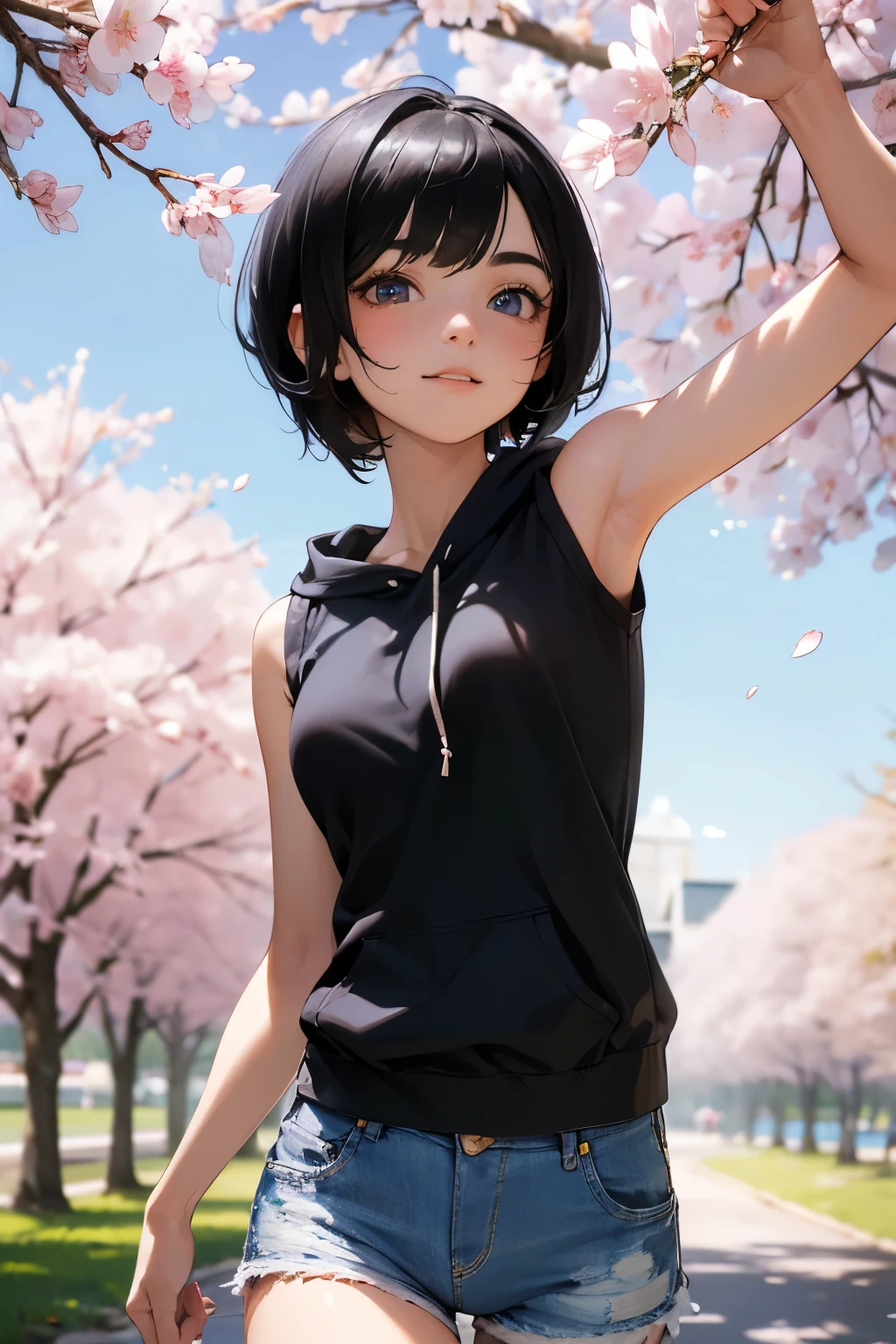 (1 very young boy), cute, (), ((shiny black short hair straight hair)), ((pixie cut)), (large eyes, clear eyes), smile, (white sleeveless hoodie), ((rough textured denim shorts)), standing, looking at viewer, (detailed eyes, detailed hair, detailed face), (full colors, vibrant colors), 8k, (masterpiece), absurd-resolution, ultla highres, (detailed shading), (A park in spring with many cherry blossoms and cherry blossom trees in full bloom), (Dynamic pose, dynamic angle)