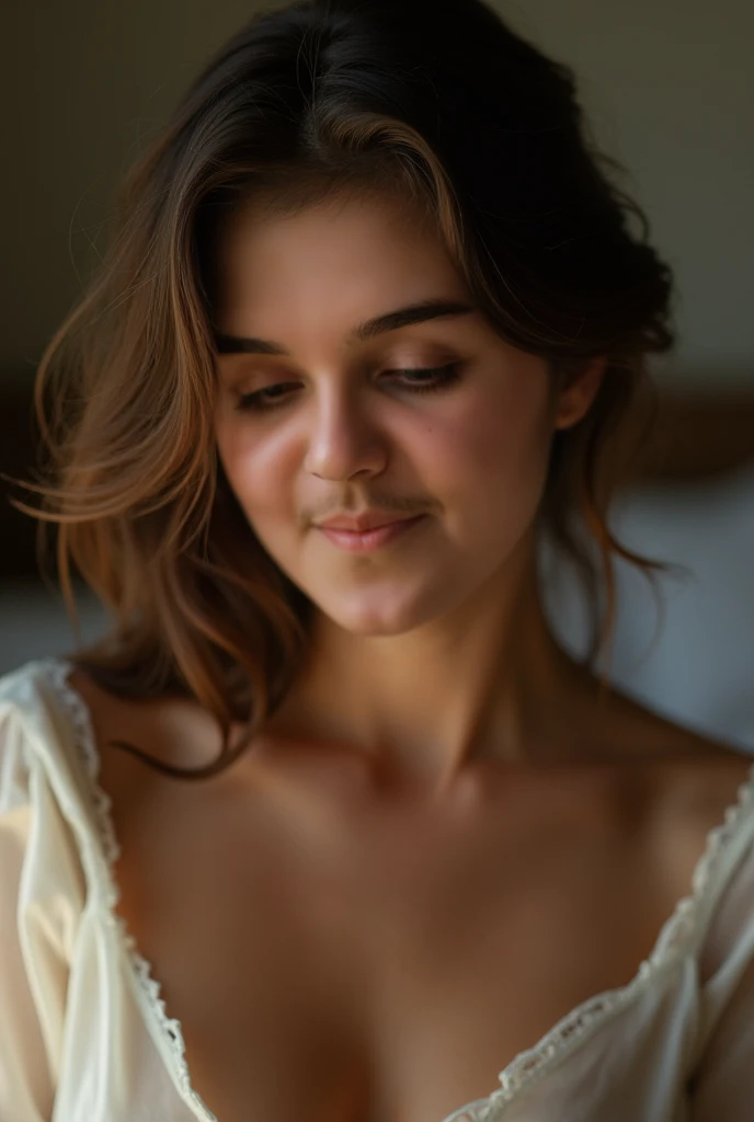 a 30 year old woman, young mother, wearing a sexy nightgown smiling face sighed