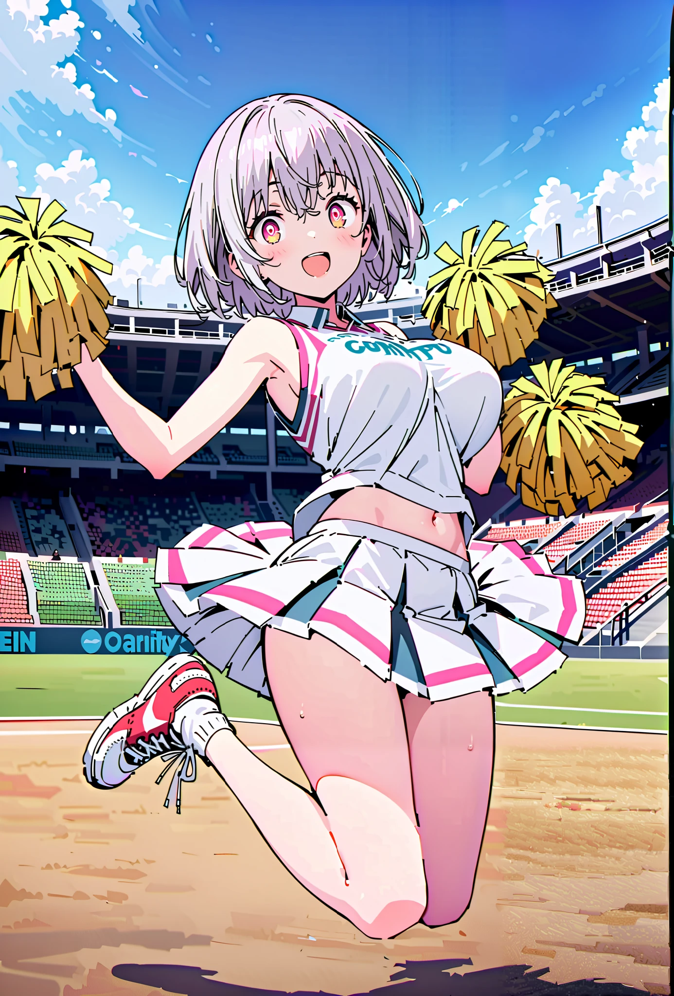 Red root heart ,solo, light purple hair, pink eyes, Glowing Skin,short hair,Big Breasts,smile,cover,opens her mouth,(Cheerleading), (full body), on chest, (sweated), sweated Wet Clothes, (white clothes),sleeveless, pleated skirt,White socks,sneakers with a ladyback letter, stomach button support , playground, (jump), (jump), 両足を曲げてjumpする,, blue sky, Compa,cheerleader, Pom-pom \(Cheerleading\) real hair ornaments,break outdoors,Stadium,
break looking at viewer,full body,
break (masterpiece:1.2), Top Quality, high resolution, Unity 8k 壁紙, (illustrations:0.8), (beautiful detailed eyes:1.6), very detailed face, so that it fits into the illustration, extremely detailed CG, full body写真,(perfect hand, perfect anatomy),