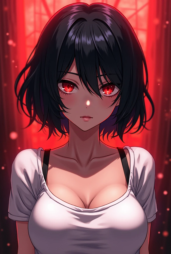score_9_up, score_8_up, score_7_up, source_anime, 1girl, black hair, bob cut, medium hair, red eyes, expressionless, nude, portrait, open mouth, cleavage, large breasts
