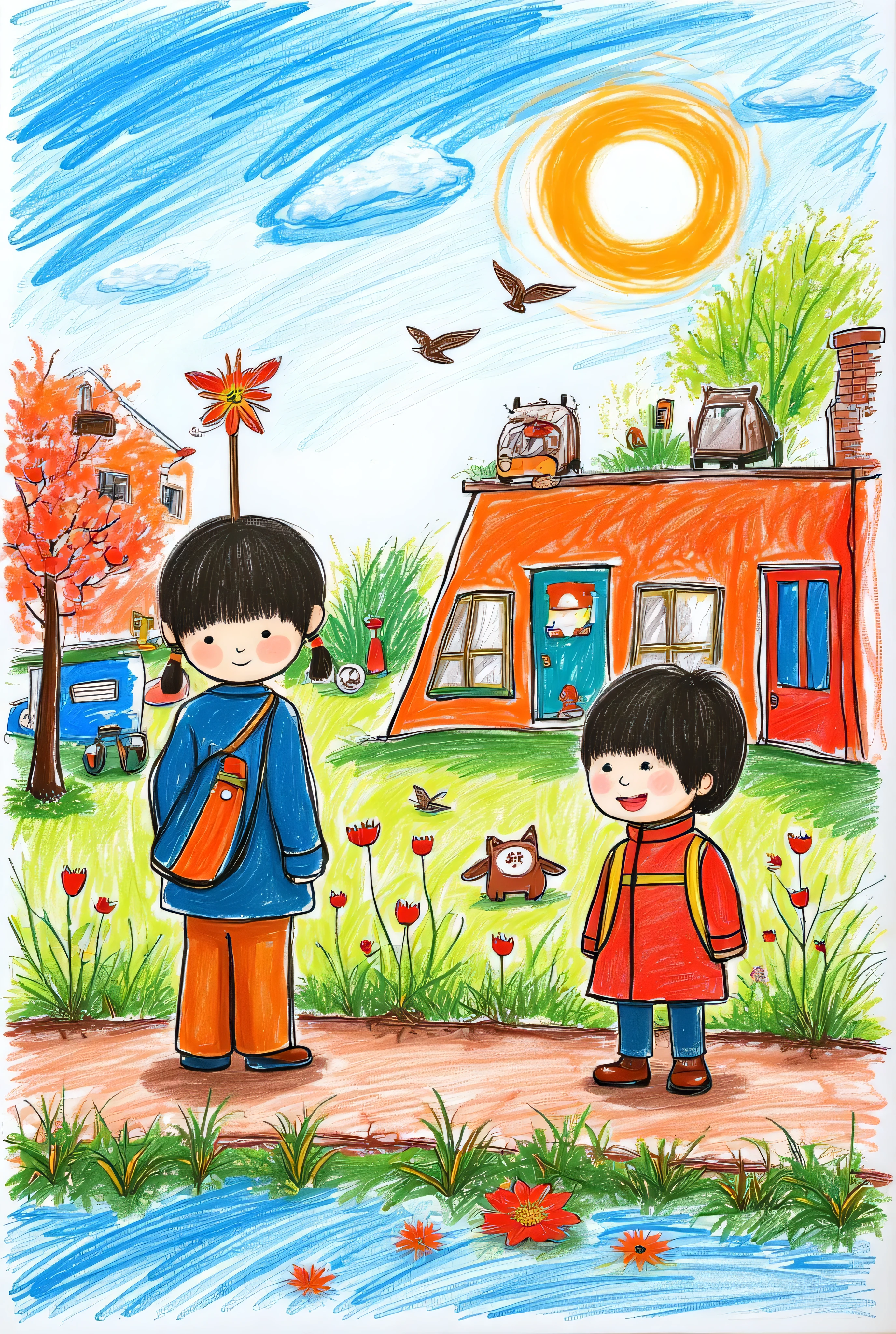 masterpiece, image, illustration, portrait of a , boy and , s, Passing by the city street, cars, pedestrians, Very green , flowers and birds in the blue sky, sun and clouds