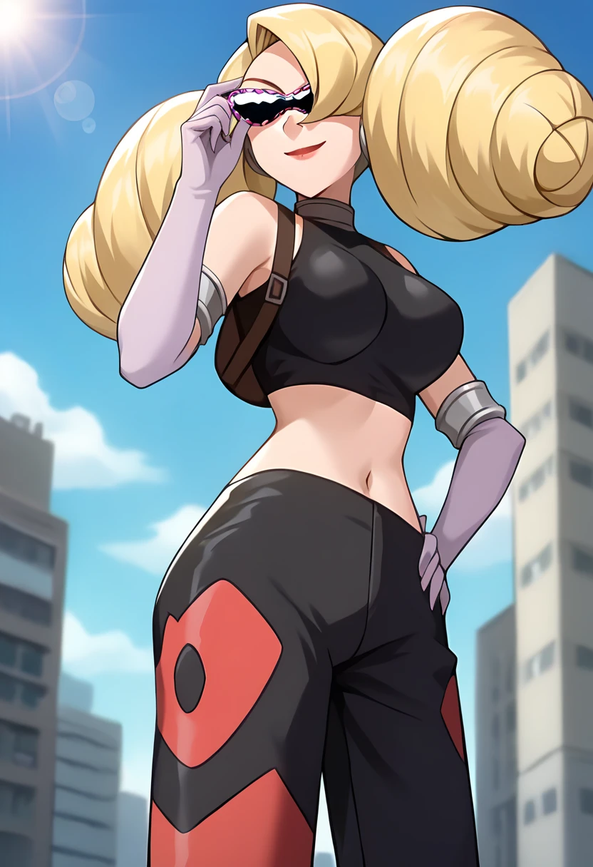 best quality, masterpiece, ultra high res, detailed background, realistic, 1girl, solo, female, muscular, mature female, long hair, blonde, makeup, purple lipstick, standing, open arms, open legs, sticky dress, open mouth, huge smile, expression of fascination, surprise, square, real shadow and light, depth of field, huge breasts, torn panties, looking at the viewer, sunglasses falling, strong wind in the face, Konosuba