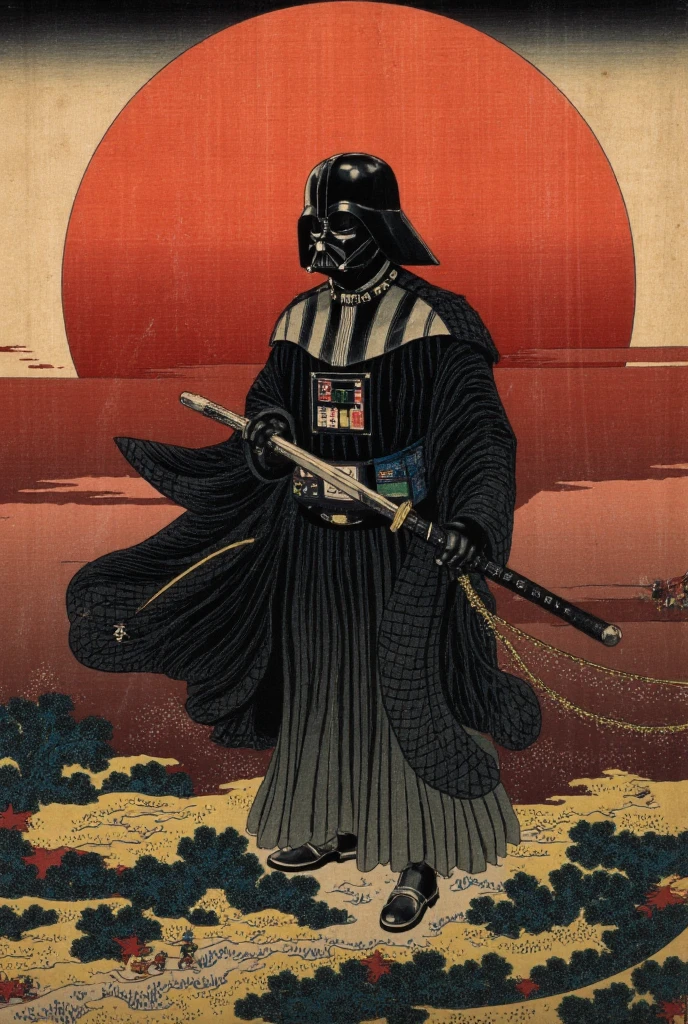 Japan style ink drawing by Darth Vader, caligrafia:1.2), lightsaber, detalhes em vermelho, kanji, sumi-e, por yoji shinkawa