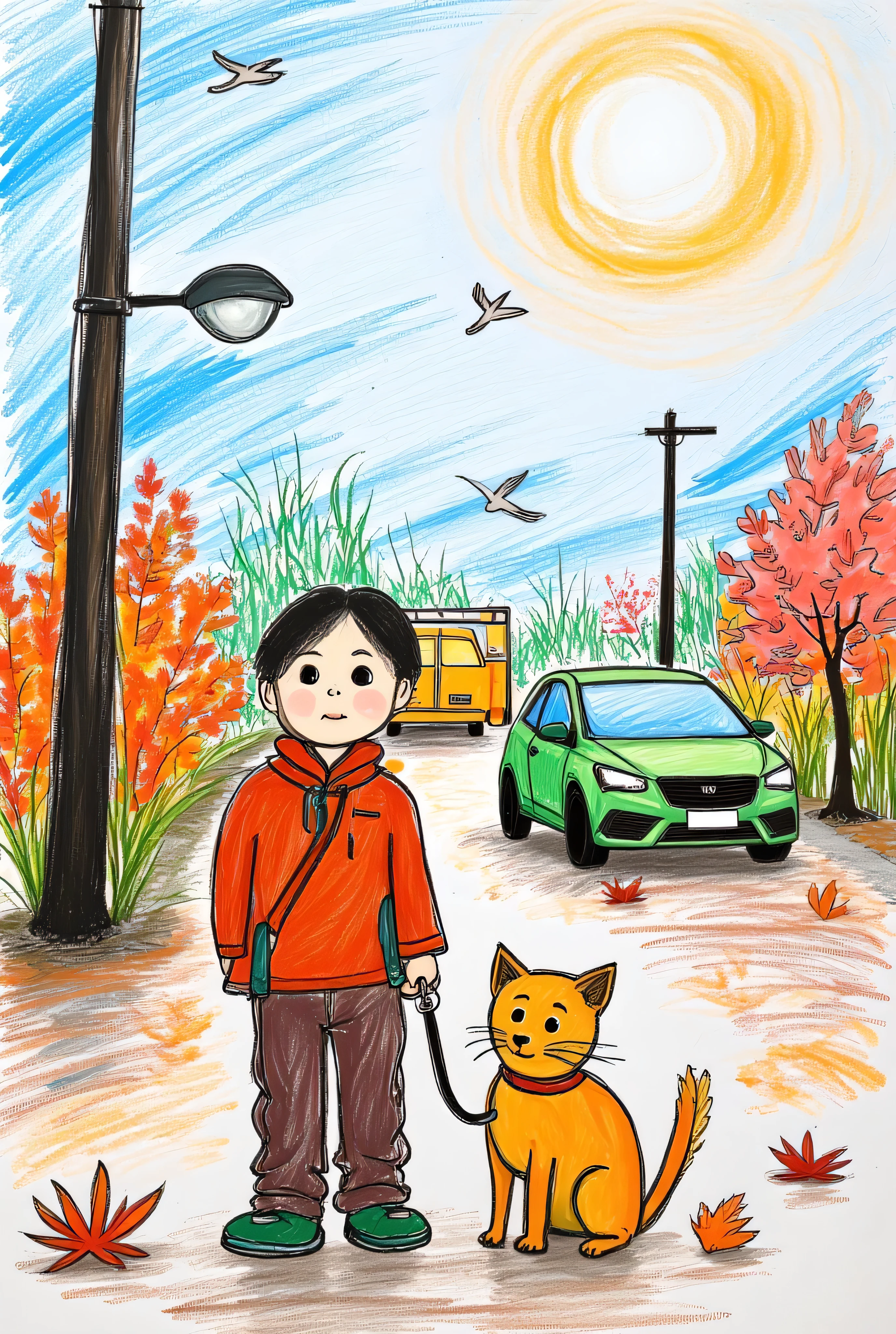 masterpiece, image, illustration, portrait of a , boy and , s, Passing by the city street, cars, pedestrians,  Very green , flowers and birds in the blue sky, sun and clouds