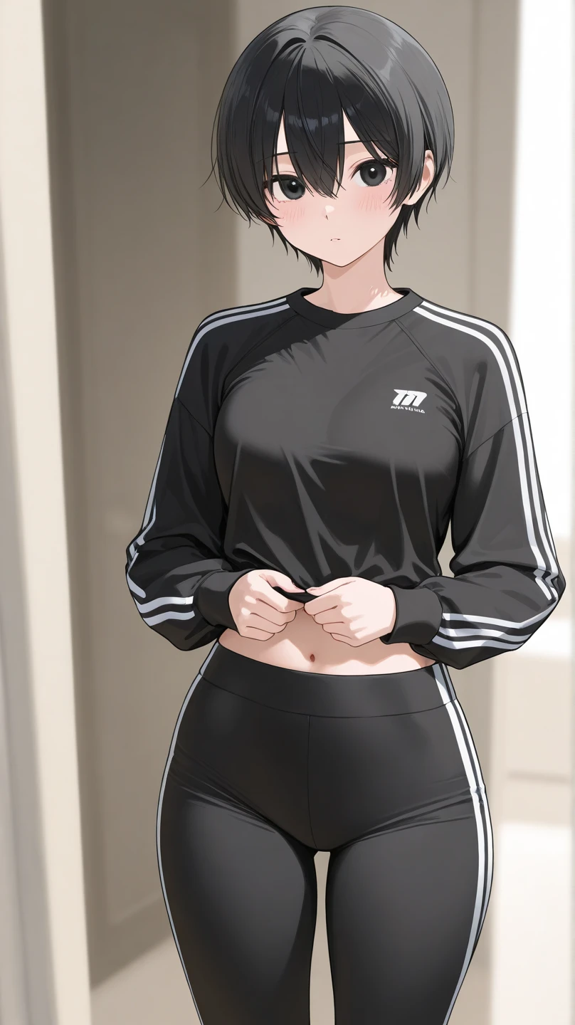 girl, nakanaka_omoharu, black hair, short hair, , golden eyes, white eye patch, sports clothes, sports bra, bare midriff