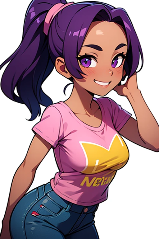 masterpiece, best quality, looking at viewer, upper body, portrait, looking at viewer, seductive smile, put your hands behind your head, armpits, armpits visible, sweaty armpits, Yoruichi Shihouin, very large breasts, purple hair, wearing black croptop , no bra, ponytail