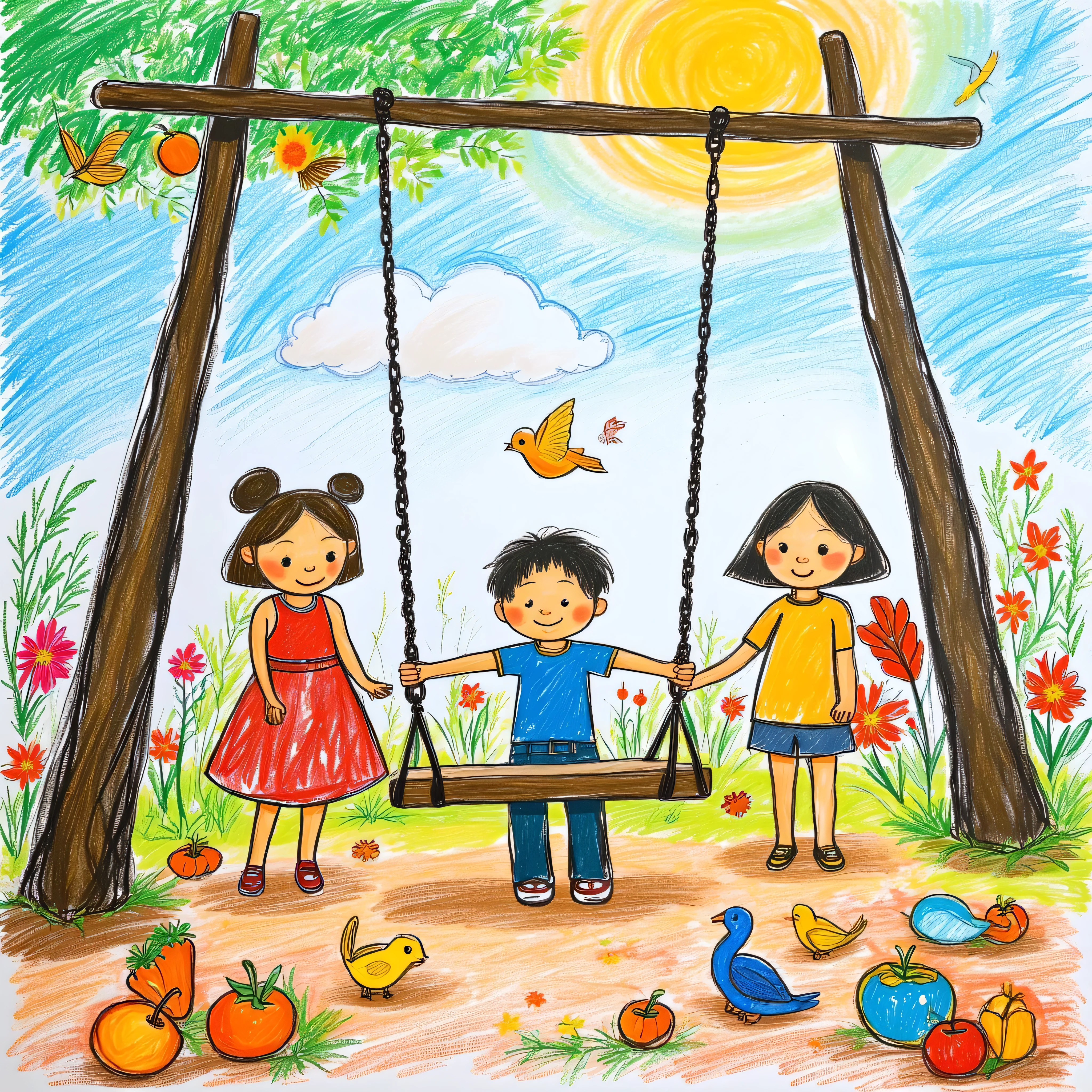masterpiece, image, illustration, portrait of a , boy and , s,  playing in the park,  Very green , flowers and birds in the blue sky, sun and clouds, Swing on the tree with fruits