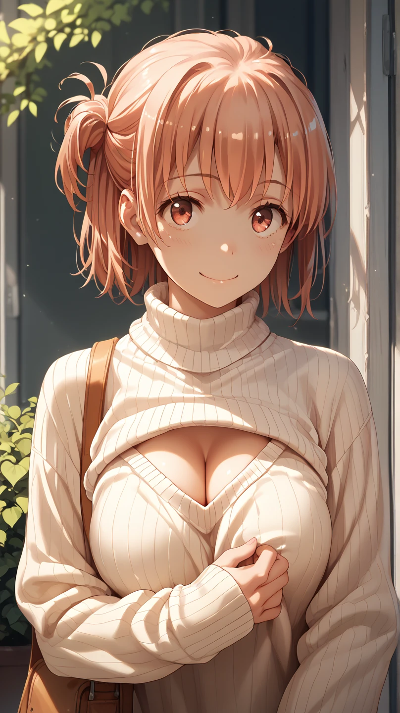 ((Highest quality, High resolution, Pixel perfect, 4K)), (Beautiful Anime Girls), Written boundary depth、
yuigahama yui, (Big Breasts:1.3)、 Red eyes、
short hair, Single hair bun,
blush、smile、
White knitted sweater、Off the shoulder、
street、Ginkgo Tree Line、autumn、Fallen leaves、autumn leaves、