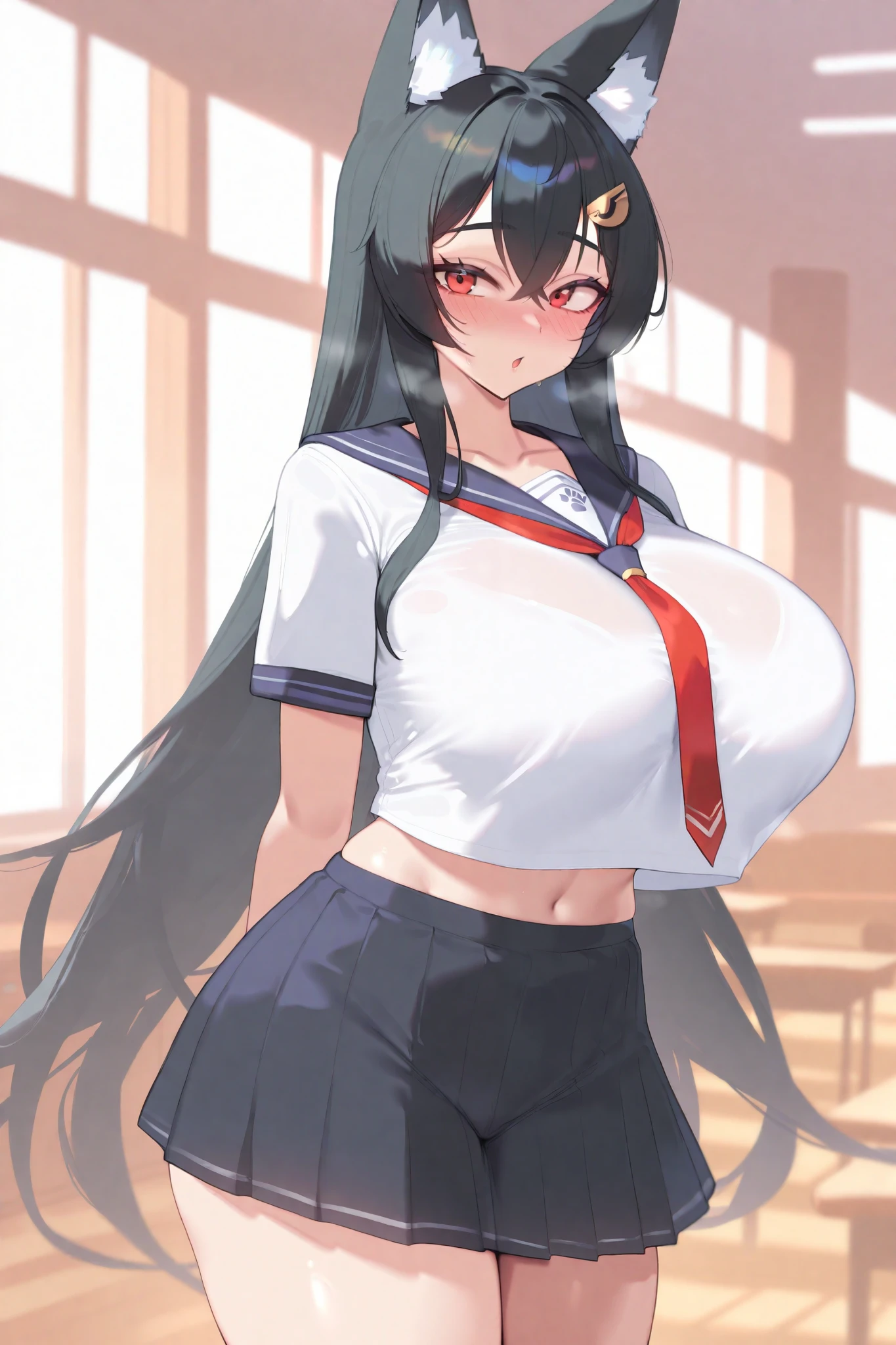 (top-quality), (((masterpiece))), (1girl), A sexy, Big body, black hair, (neat sailor suit), classroom, ((gigantic breasts)), (neat black miniskirt), ((perfect fingers)), (perfect anatomy), (perfect face)