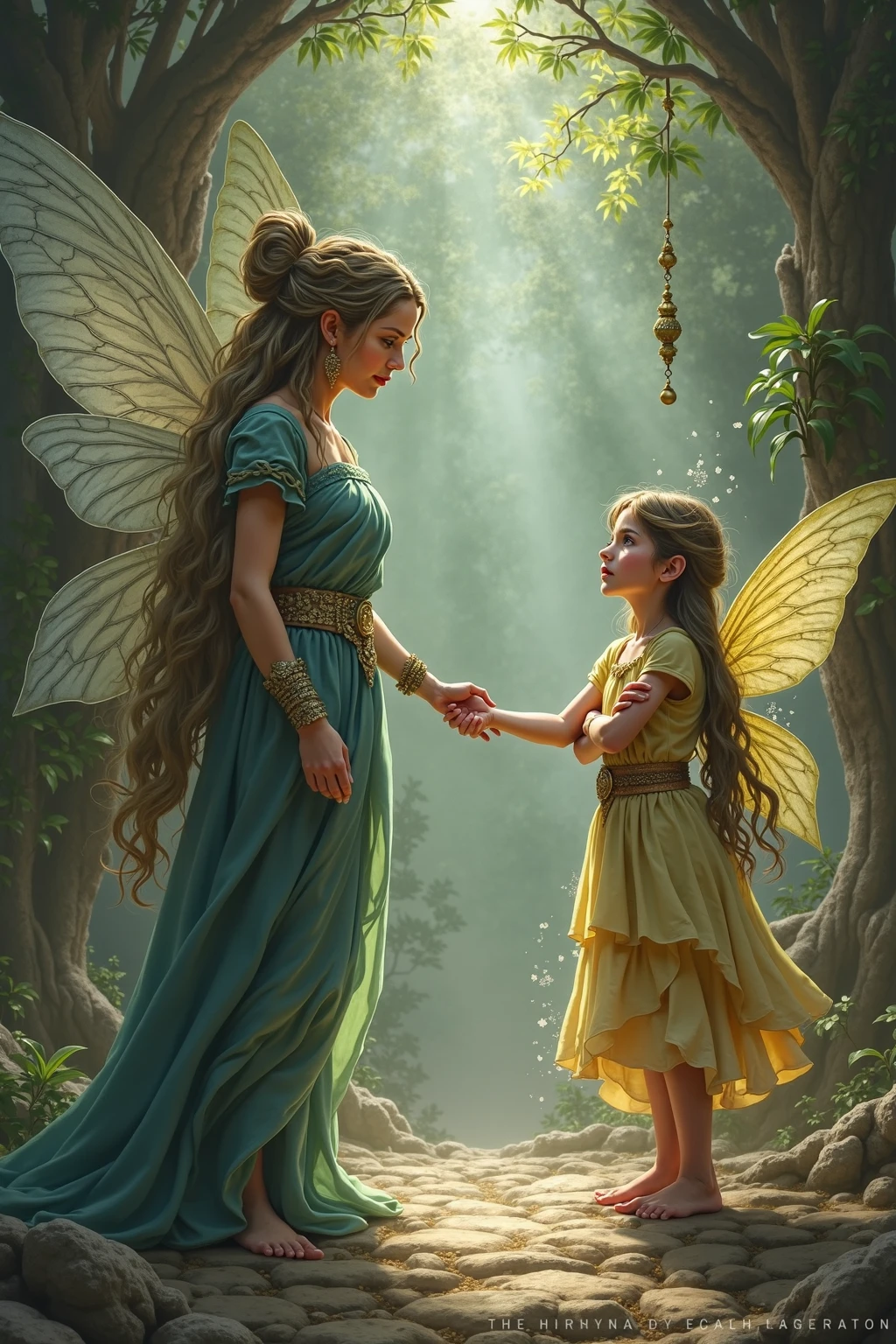 Encounter with the Golden Fairy:
Laura, the curious little girl, stands before the Golden Fairy, a fairy with bright, golden wings. The fairy is surrounded by an aura of light and holds a magic wand. Laura's and the fairy's facial expressions show surprise and delight. The setting is a flowery field with colorful flowers and tall trees in the background. --auto --s2