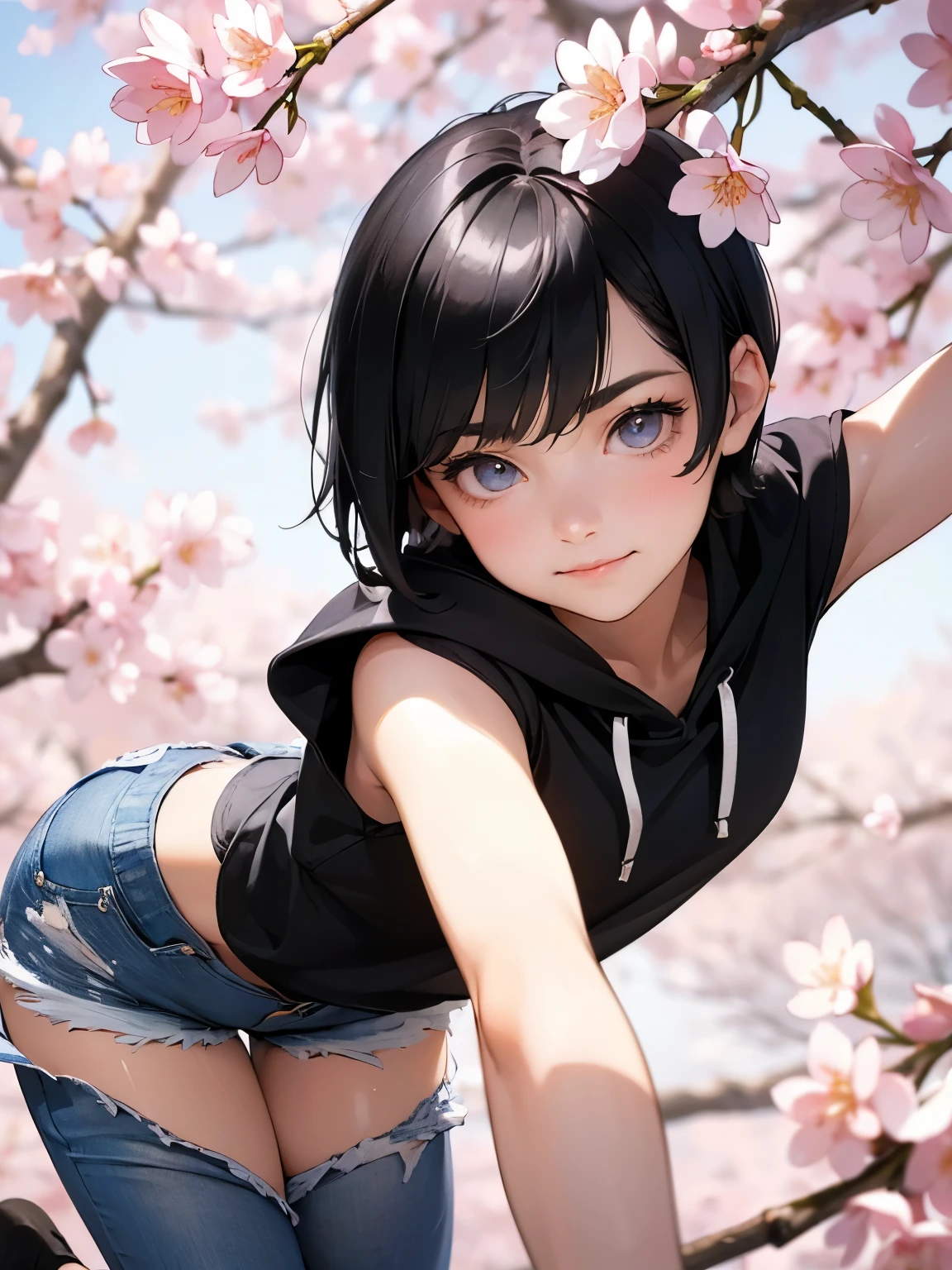 (1 very young boy), cute, (), ((shiny black short hair straight hair)), ((pixie cut)), (large eyes, clear eyes), smile, (white sleeveless hoodie), ((rough textured denim shorts)), standing, looking at viewer, (detailed eyes, detailed hair, detailed face), (full colors, vibrant colors), 8k, (masterpiece), absurd-resolution, ultla highres, (detailed shading), (A park in spring with many cherry blossoms and cherry blossom trees in full bloom), (Dynamic pose, dynamic angle)