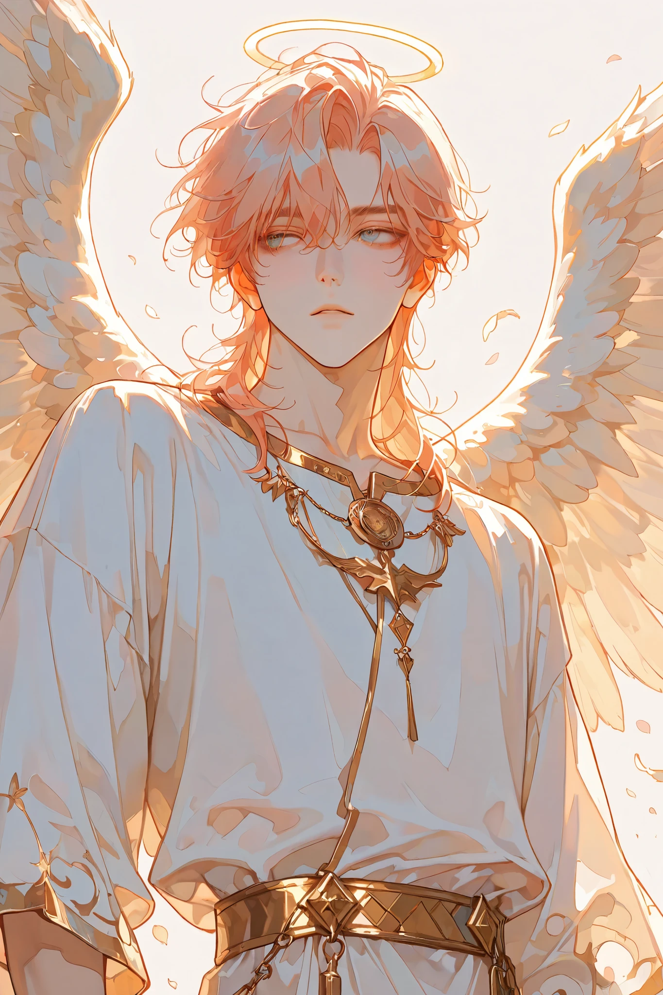 Angel descending from heaven, ( soft colors:1.2), , ( blue and orange :0.4),(best aesthetics:1.2), High aesthetic, Mix Various Art Aesthetics, alone,simple background,boy