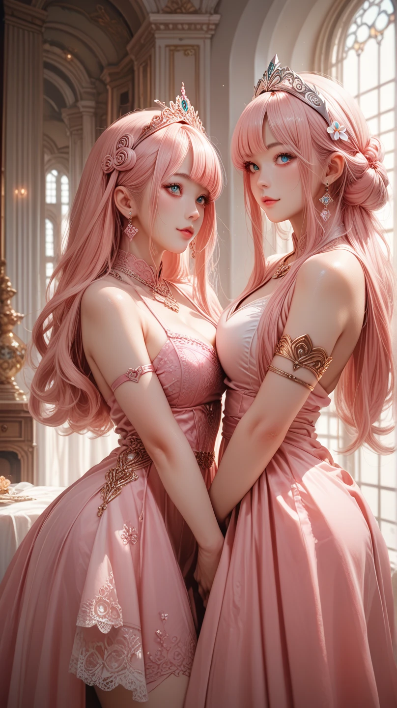 Two beautiful women with long braided red hair and mid wavy blond hair, respectivetly, with green eyes wearing a Mock Neck Cut Out Dress, Sexy Criss Cross Mock Neck ((Mid Sleeves)) Dress, ((luxurious jewelry)), standing in a fitting room, hugging closely and kissing each other (white skin), (red lipstick), (elegant mascara), (muscular body with abs), (small breasts) midjourney, <lora:GoodHands-, <lora:GoodLegs-, UHD, high resolution, (masterpiece:1.1, best quality), (expressive eyes, perfect face, full body, expressive face, perfect body, athletic, fit, slim body, blushing, Perfect makeup, eyeliner, beautiful eyelashes, smiling, horny face), ((Beige dress)), ((Grey dress)), ((Tight dress)), ((best illumination, best shadows)), ((lesbian kiss))
