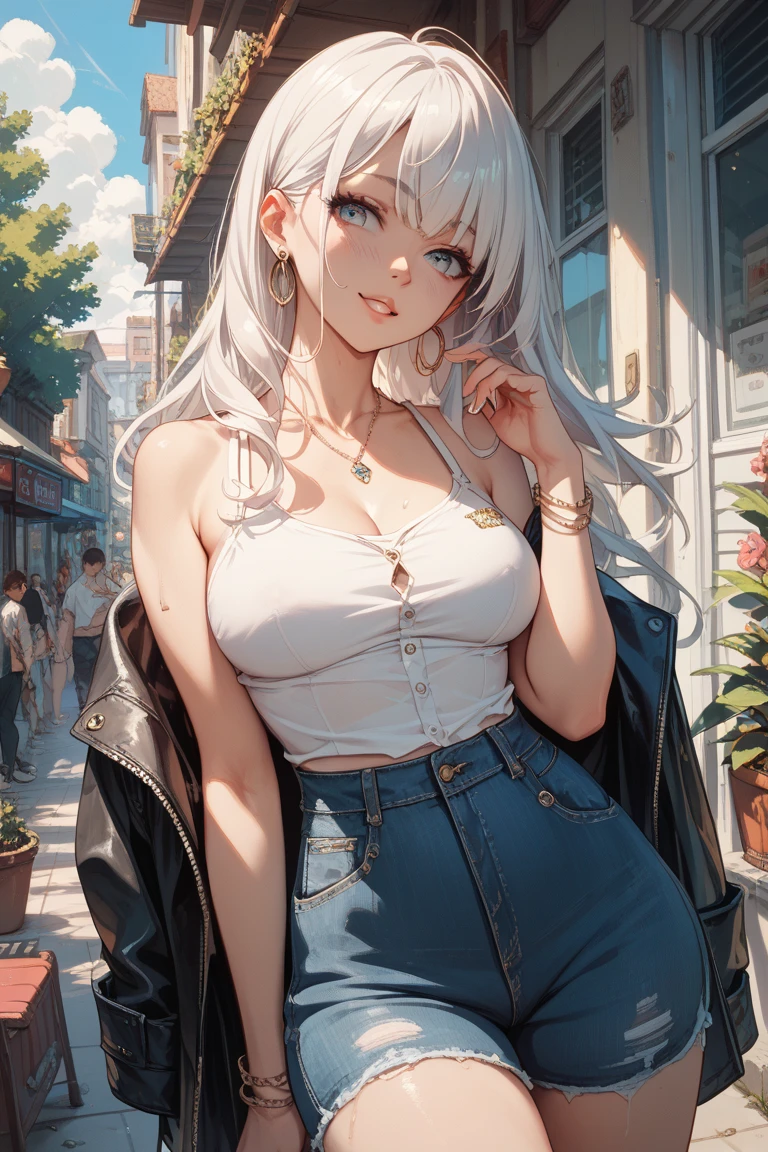 1girl, (best quality:1.1), (masterpiece:1.4), (absurdres:1.0), portrait, 1girl, (voluminous hair)+ , ((curly hair))++, long hair, ((dark skin))++, (((white hair))), (gold eyes), long hair, large breasts, (blush:1.2), smile, (big lips)+, (juicy lips)+, (blush), vibrant colors, eyeliner, lipgloss, blush, sidelocks, (black horns), shiny skin, black choker, white shirt, cardigan, sleeves past fingers, plaid skirt, outside, shopping, mall, shopping bags