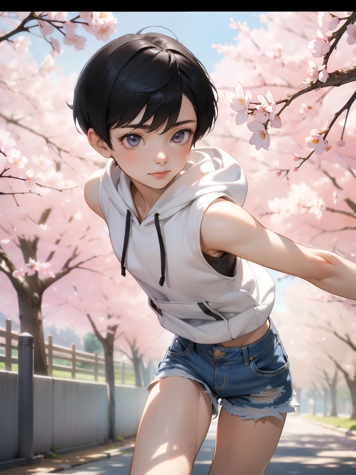 ((Shinji Ikari)), (1 very young boy), cute, handsome, (shiny black short hair straight hair), ((pixie cut)), (large eyes, clear eyes), smile, (flat chest), (white sleeveless hoodie), ((rough textured dark denim shorts)), standing, looking at viewer, (very detailed eyes), (detailed hair), (detailed face), (colorful), 8k, (masterpiece), absurd-resolution, ultla highres, (detailed shading), (A park in spring with many cherry blossoms and cherry blossom trees in full bloom), (Dynamic pose, dynamic angle)
