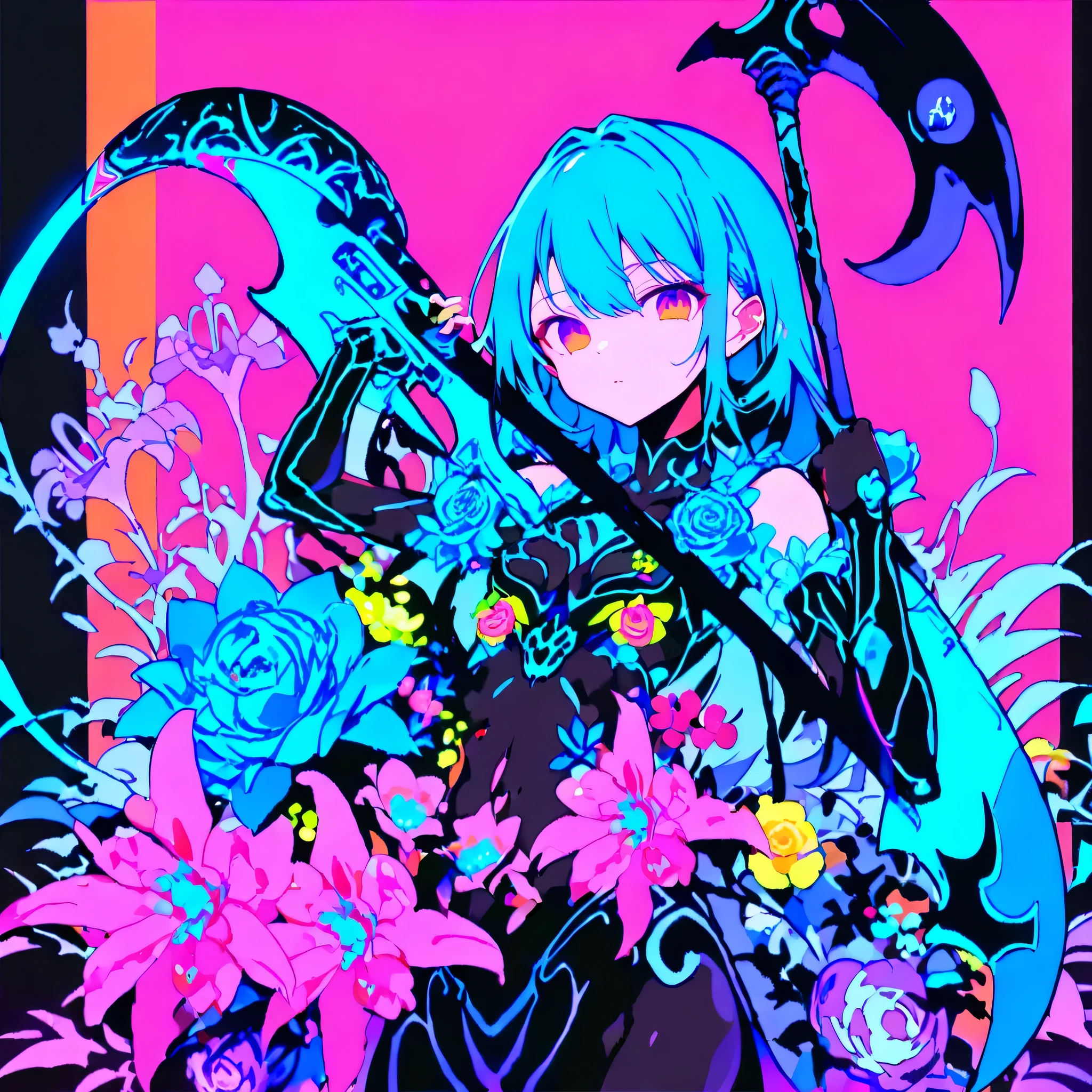 1girl, pretty face、Baby Face、((( best composition、Top Quality、masterpiece、Super Detail、high definition、perfect anatomy)))、neon color palette、Cyan、black light、Neon color border、I have a neon-colored Shinigami scythe、scythe is decorated with flowers、Deep Composition、simple background with k batons、floral neon color background、