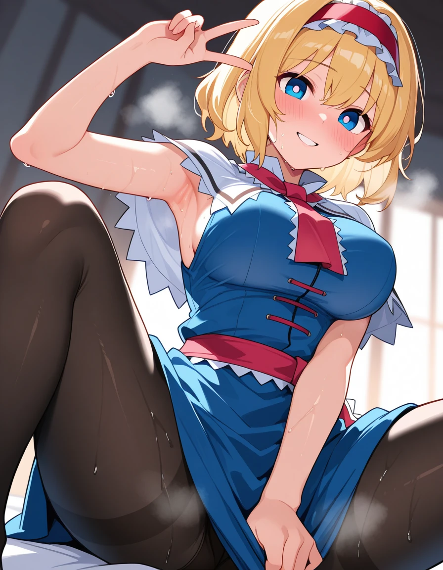 (One girl)、arm behind back、Sakuya Izayoi、（Sato Air）、bob cut、flipped hair、((Blonde))、slan eyes、(Big super breasts)、((Chubby))、(beautiful girl)、[Big thighs]、green eye、(Maid clotheini skirt)、No sleeve、White sleeveless、hairs between eyes、((thigh-high socks thighhighs))、(long gloves)、say、White Background、