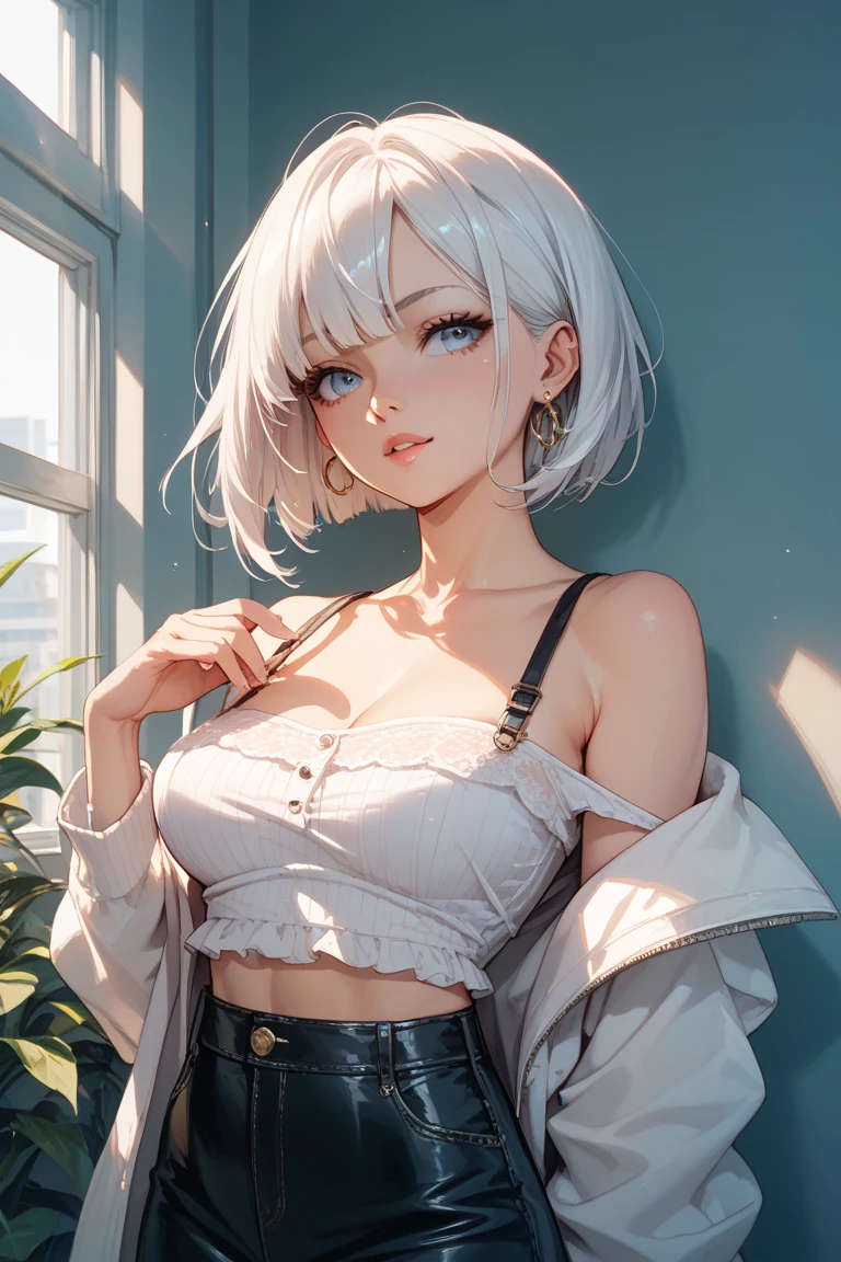 ((woman with tattoo on chest)), girl, Short white hair with bangs, Black strands of hair, Purple eyes, White T-shirt and panties, Pendant around the neck. Natural and beautiful standing posture, Crisp and realistic body detail. 超High resolution.Photorealistic:1.4,超High resolution. Realistic,High resolutionで, masterpiece, Highest quality, Very detailed, Better Shadows, Volumetric lighting), super high quality, High resolution, 8k, Ultra-Realistic Portraits , Photorealistic, Dynamic Lighting, Volumetric lighting, Very detailed顔,(NSFW:0.9),Large Breasts,