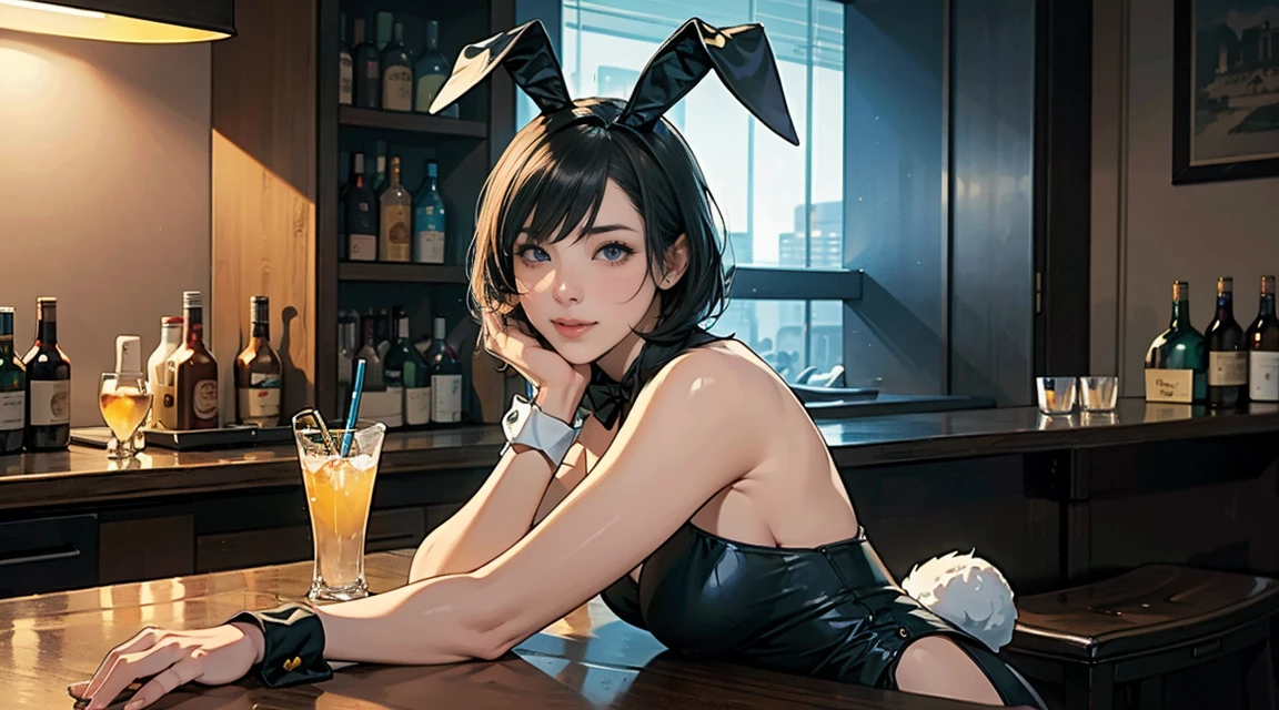 (top-quality、in 8K、32K、masterpiece、nffsw、ighly detailed、Impresionismo、Photorealsitic:1.2)、Full body, (a bar counter、shop front:1.4)、deep-shadowbeauitful face、blurry backround、19-year-old beauty、shinny skin, Beautiful wavy golden hair、 poneyTail、Blue eyeeauitful face、blurry backround、 Bunny Girl、High-cut leotards、a bow tie、White cuffs、Thighs wrapped in fishnet stockinglack rabbit ears、Have a tray of liquor、sit on the table、Shy smile、Curve、very sexy, cara de deseo esta en celo,