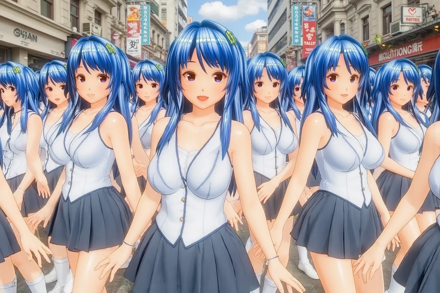 Sexy 25-year-old woman,standing outside,very crowded area,crowd in foreground,crowd taking pictures,no bra,???????,tiny panties, black panties,socks,knee-high socks,shoes,full body, hips cocked, knees in,short light blue hair,shy,embarrassed,posing,arms behind head