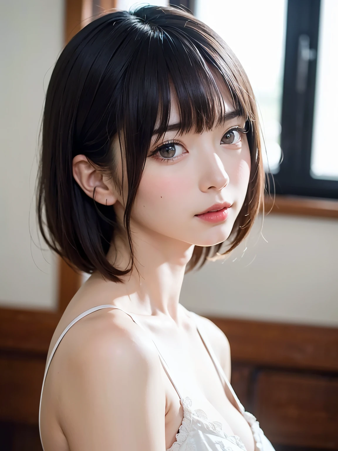 1 girl、highest quality、masterpiece、Realistic、alone、Written boundary depth、Natural soft light、Daytime、charm、Beautiful symmetrical face、Cleanliness、beauty、Pure Face、white and shiny skin、美しくLong neck、Listen carefully、cute、bangs:1.6、shiny shorthair、prohibit、Beach、Light of the sun、Whole Body Ezbian、((bangs、sweater、Golden ratio beautiful face、Beautiful symmetrical face、Arms are extended downwards to support the , Accentuate your cleavage.、Large Breasts))、Long neck、Listen carefully、すっきりとしたbangs付きショートボブ、Close your mouth with a happy smile:1.6、Perfect Fingers、Perfect hands、Perfect body、Perfect Face、Light in your eyes、Perfect :1.6、、Beautiful neckline:1.6、とてもcuteスーパーモデル:1.6、Dutch Angle Shot、Dynamic Angle