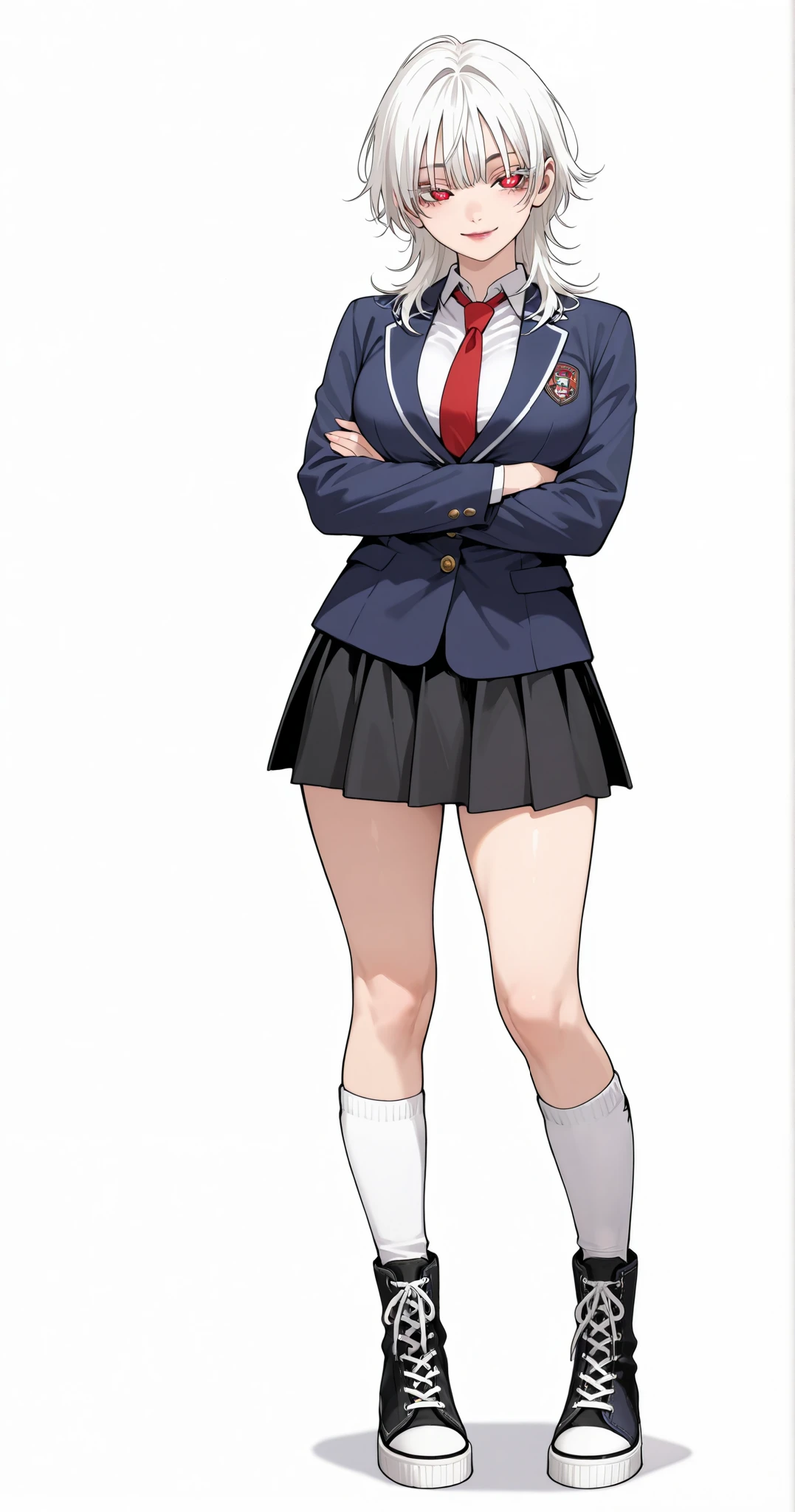 1 girl, beautiful face, tomboy, white hair, wavy bangs, medium length hair, glowing red eyes, reddish lips, slight smile, white eyelashes, Latina, light skined, fit body, sexy body, big breast, long legs, high school uniform, red tie, dark blue jacket, black skirt, standing, white high top converse boots shoes, white knee high socks, hands crossed, full body, plain white background