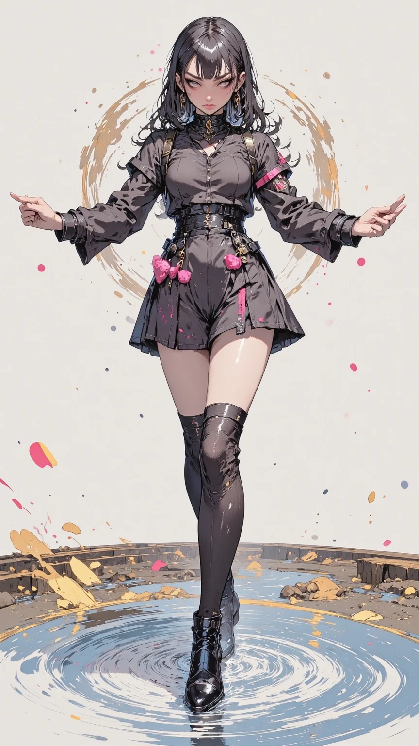 (gray background)(masterpiece) ultra-detailed solo 1girl hands on sides medium breasts, (full body standing)