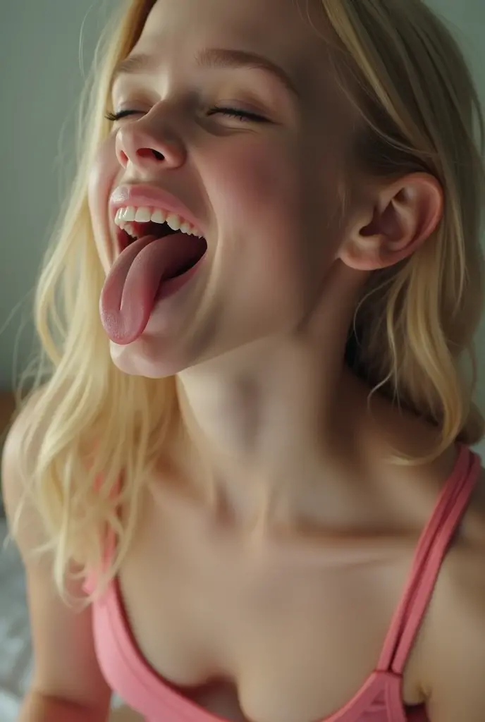 Japanese woman, beautiful girl, gal, blonde, baby face, highest quality realistic skin, eyes in focus, 20 years old, sticking out tongue, focus on mouth, open mouth, long tongue, saliva, open mouth wide, inside of mouth visible, open mouth and sticking out tongue
