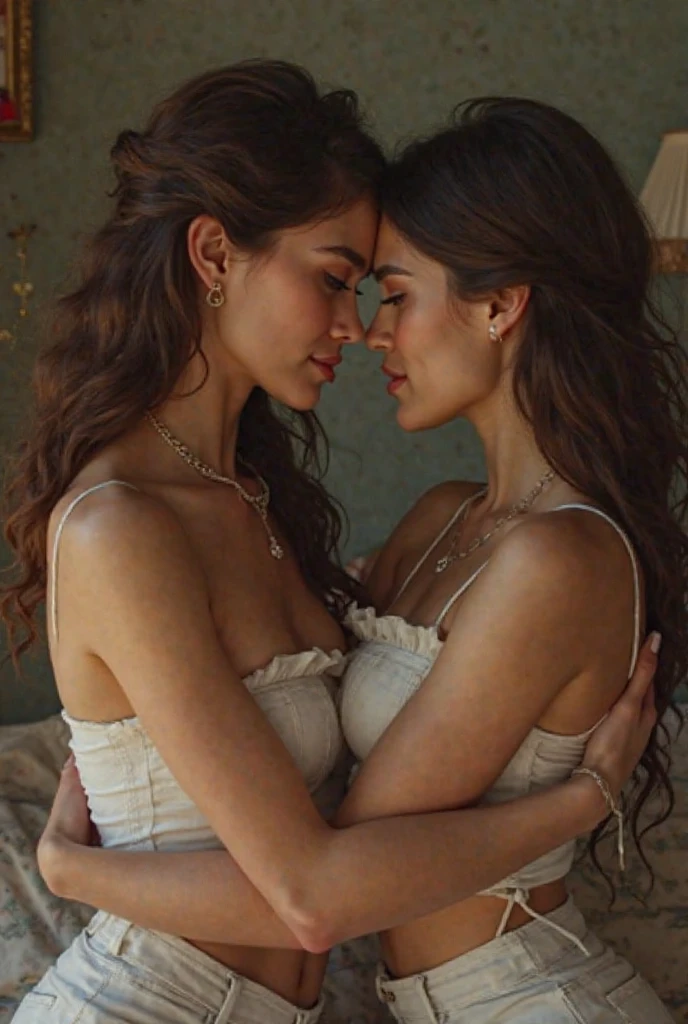 Albanian, girl, long brown hair, blue eyes, with blonde bestie, with blonde girl, blonde hair, Romantic getaway, Himalayan Mountains, Brunette and blonde couple, Intimate moments, Glances into each other's eyes, Gentle caresses, Sensual touches on body and hair, Sexy green blue dress, Displaying bum cheeks, Riverside rendezvous, Passionate connection, Kissing each other