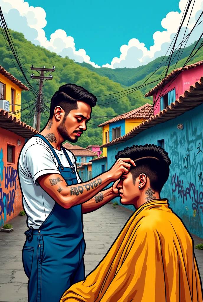 Ararid man being cut by the hair by a barber, 1614572159, usando tatuagens de shipibo, powder Nándor Katona, por Mestre Kanbun, detalhamento de cabelo, estilo mohamed chahin, Corte de cabelo com corte inferior