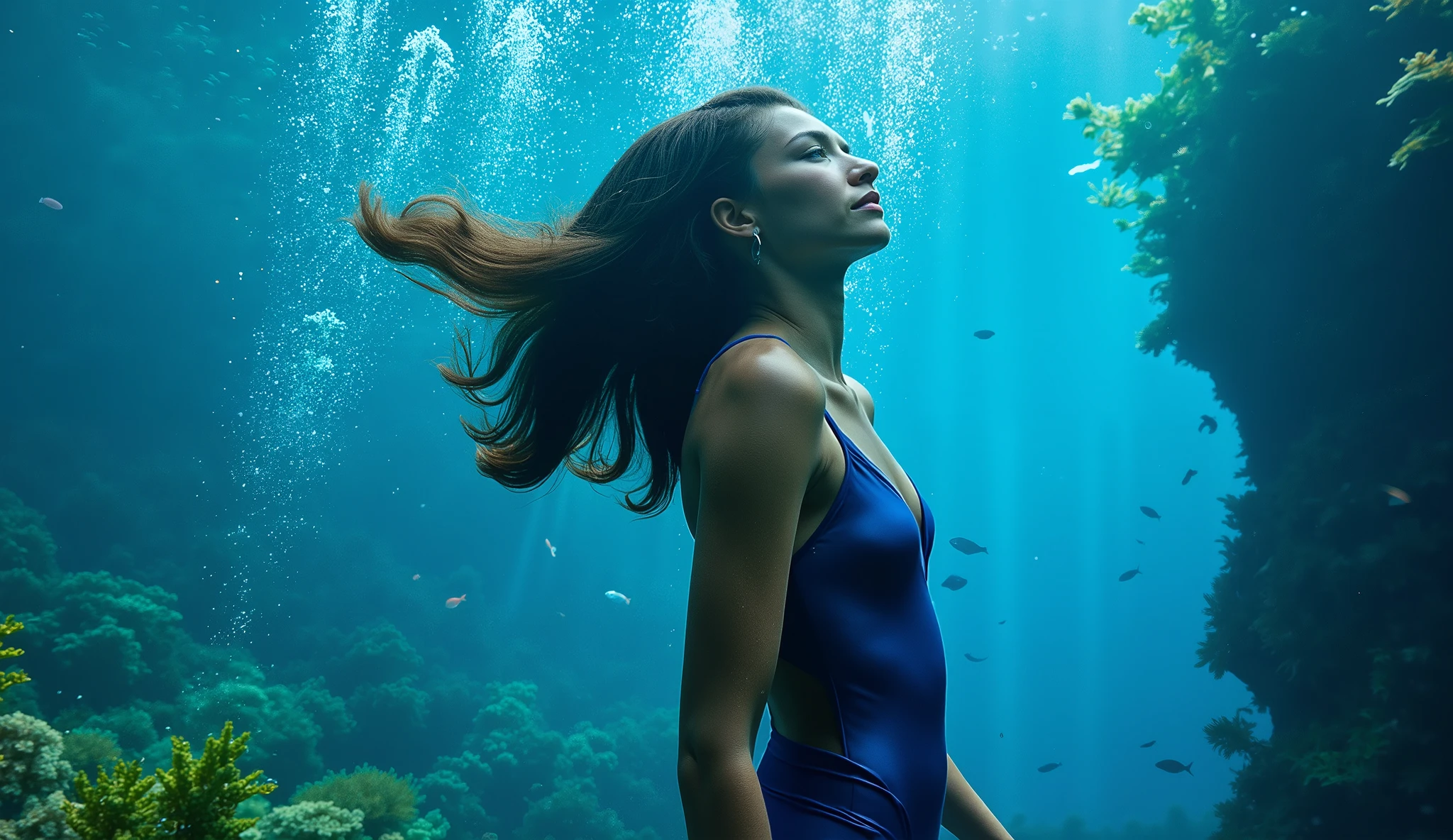 close up photo of a a woman, underwater, serene expression, shiny blue swimsuit, long hair floating upwards, skin glowing, holding breath, rays of light, bubbles, kelp forest, schools of fish, 4k, high resolution, photorealistic, cinematic lighting, underwater photography, vibrant colors, blue tones