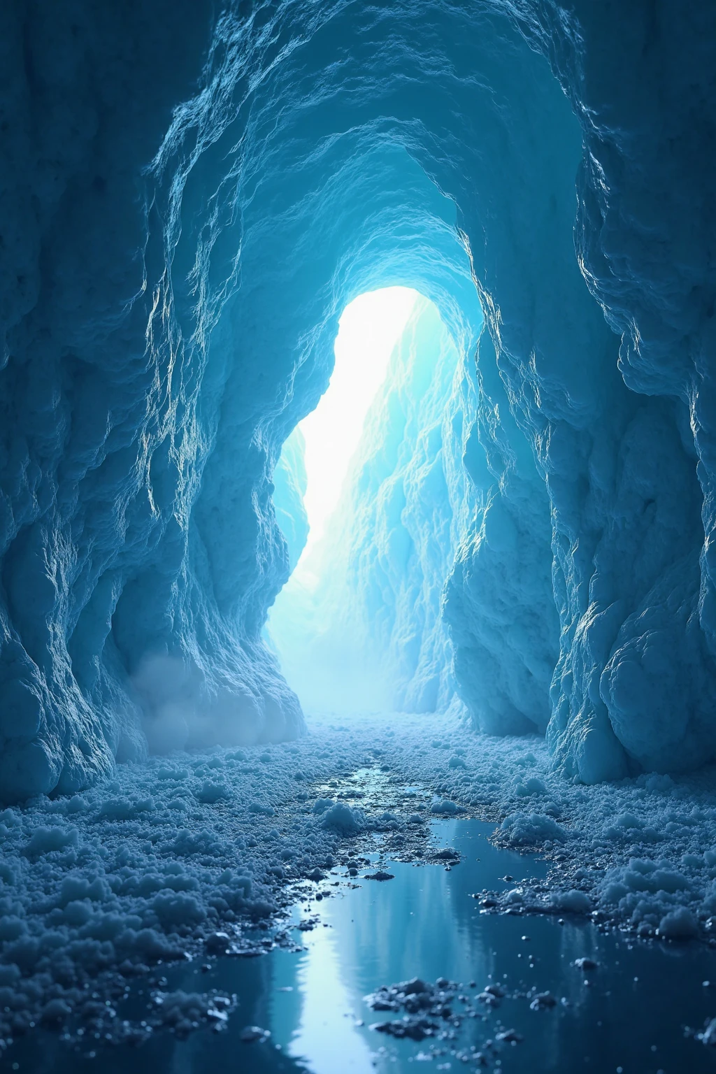 A mesmerizing view inside a natural ice cave, captured from a low, wide-angle perspective that accentuates the vastness and intricate beauty of the frozen interior. The cave ceiling stretches overhead in an awe-inspiring arc, sculpted into countless jagged, crystalline textures that reflect and refract the ambient light in dazzling ways. The dominant color is an intense, luminous blue—ranging from electric sapphire near the entrance to a deep, icy indigo in the shadows—creating a magical, otherworldly atmosphere. The walls appear semi-translucent, with light penetrating through layers of ancient glacial ice, revealing swirling patterns, embedded air bubbles, and natural striations formed over centuries.

A radiant glow spills in from the distant cave mouth, casting a brilliant white-blue beam that illuminates the icy surfaces and creates dramatic contrasts of light and shadow. The frozen floor shimmers with a glass-like sheen, partially covered in a thin layer of water, reflecting the luminous ceiling above like a mirror. Sparkling frost particles and scattered ice crystals catch the light, adding a dreamlike sparkle throughout the environment.

The texture of the ice is incredibly detailed—smooth in some areas and rugged in others, resembling sculpted glass, frozen waves, or dragon scales. The air inside the cave is crisp and clear, with a faint mist near the entrance, subtly diffusing the light and enhancing the ethereal quality of the scene. There are no signs of human presence—only untouched, raw beauty carved by nature.

This ultra-realistic digital landscape evokes feelings of wonder, solitude, and reverence for the raw power of nature. Perfect for themes of frozen wonderlands, glacial exploration, hidden worlds, icy magic, and surreal environments. The lighting is dramatic and moody, emphasizing the interplay of cold light and deep shadow. Rendered in 8K resolution, the image captures every subtle detail, from the micro-textures of the ice to the glowing grad