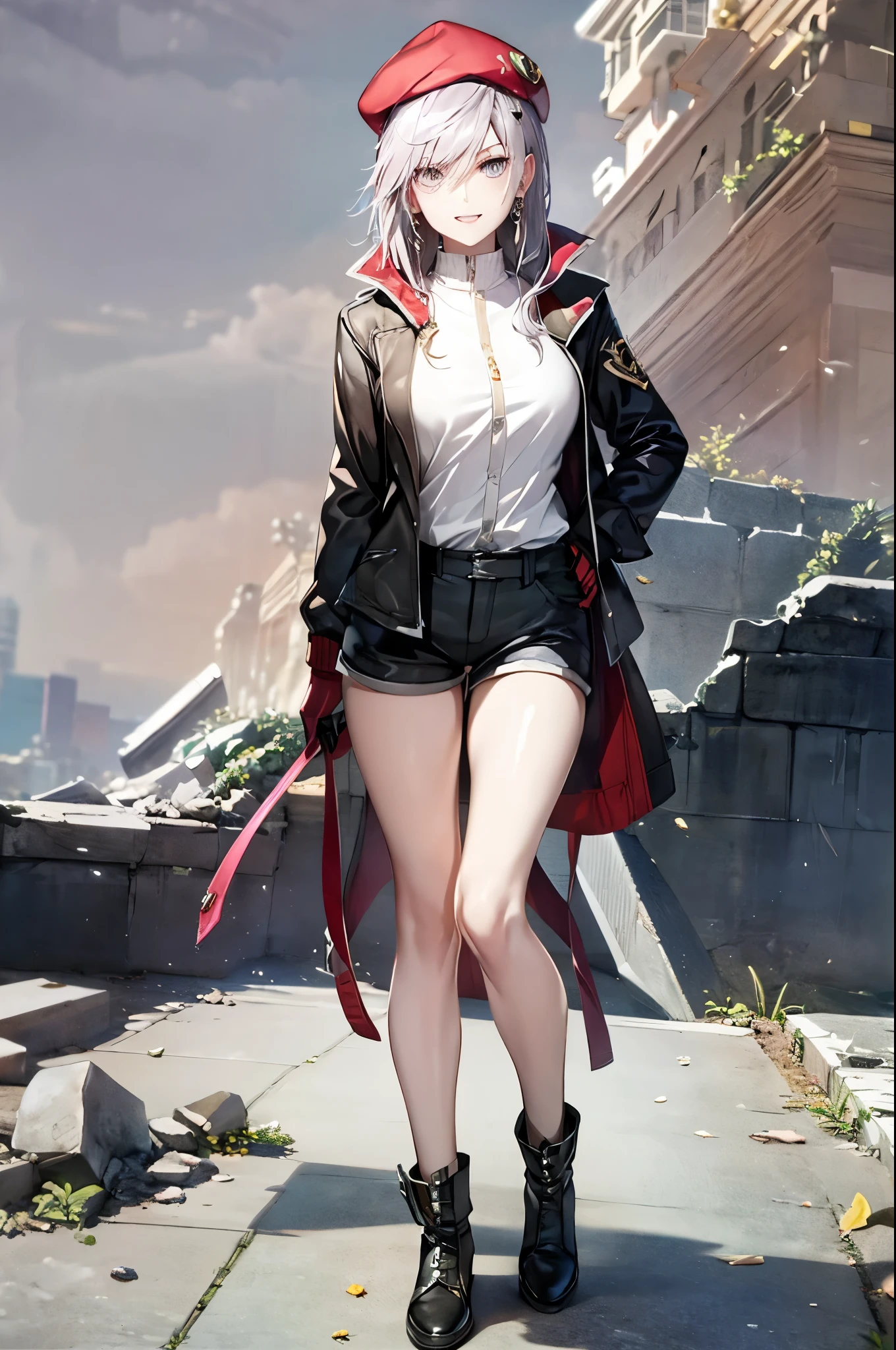 Anime Art、Full body portrait、Modern Street Killer、Moonlit Ruins、Tall Woman, Height: approx. 175cm, Around 20 years old, Wearing a black jacket and shorts, Holding a baseball bat and swinging it、Black socks、Short Medium Hairstyles、The eyes are covered by the bangs、earing a red hat、Open-mouthed, intimidating smile、Purple eyes、gloves、stockings、boots、She has silver earrings in her ears
