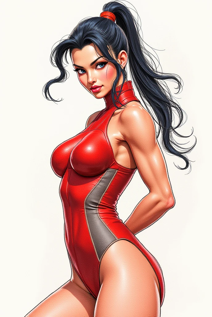 Melhor qualidade, 8k, mulher,straight black hair,linda,big fake eyelashes,looking to observer,little smile,cleavage,shiny red latex leotard over suntan shiny bodystocking,flying over white neutral scenario