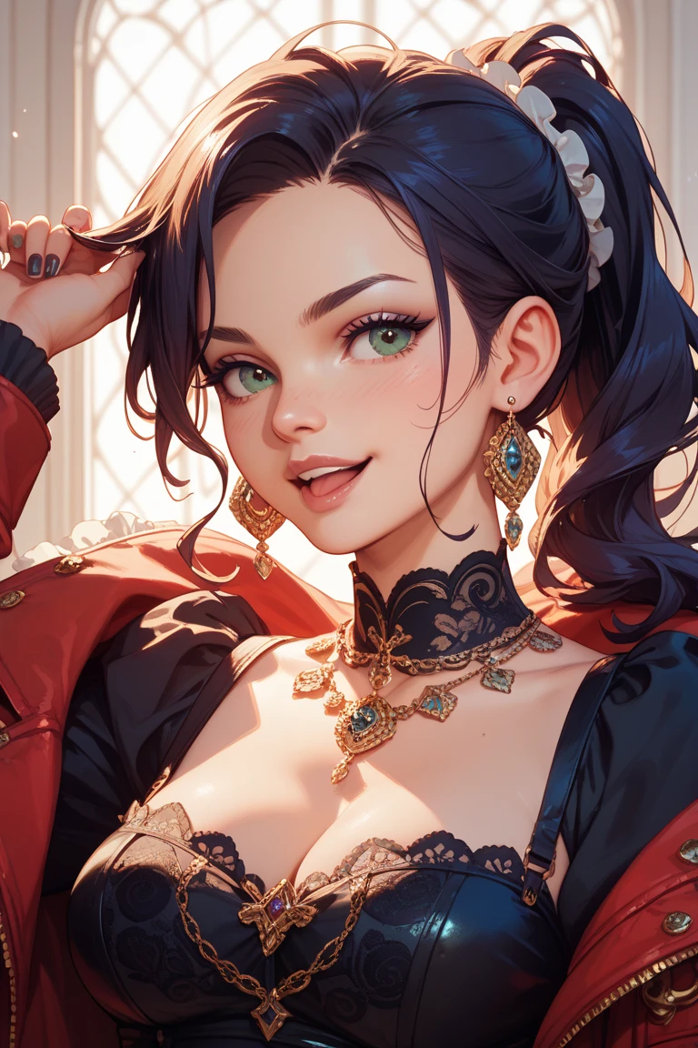 A glamour portrait of a smiling Vampire Princess, wearing VERY revealing clothing, corset, highly detailed and realistic eyes, Anime Blue eyes, a seductive gaze, long thick hair, a curvy figure, wide hips, round ass, seductive expression, open chest, bikini, Pose, Sexy, , Tight, Hourglass figure, Kiss lips, Smiling, Flirting, posing for an model photoshoot, realistic style, sharp focus, HD, UHD