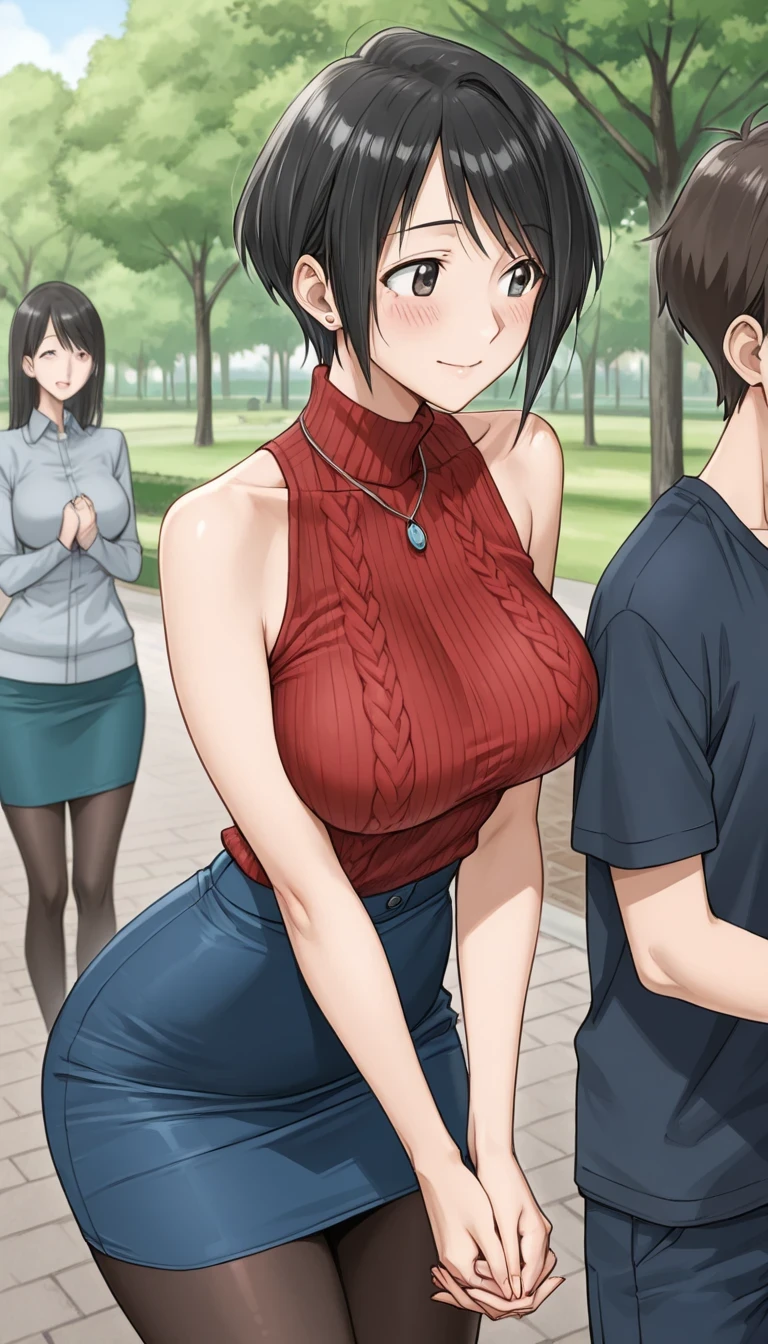 score_9, score_8_up, score_7_up, source_anime、top quality、8k、 masterpiece、Ultra High Precision、 natural light、perfect anatomy、 perfect eye in the back of the kitchen、beautiful eyes、one woman、Medium Breasts、saggy breasts:1.4、black hair、shortcuts、boyish、sleeveless rib knit that rubs your chest with both hands、 high neck、tight pencil skirt、pantyhose、((embarrassing、happy))、top look、((spring park、 on the lawn ))、(((Woman hugs boy)))、 Shota