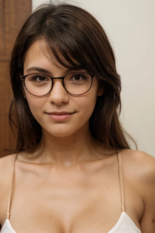 Elegant, short brown hair, glasses, chic, polished, intelligent, articulate, smiling, full color, real teen 18 years old, 4k, portrait shot close, Hair: Short brown
Accessories: Glasses
Style: Chic and polished
Expression: Intelligent and sophisticated