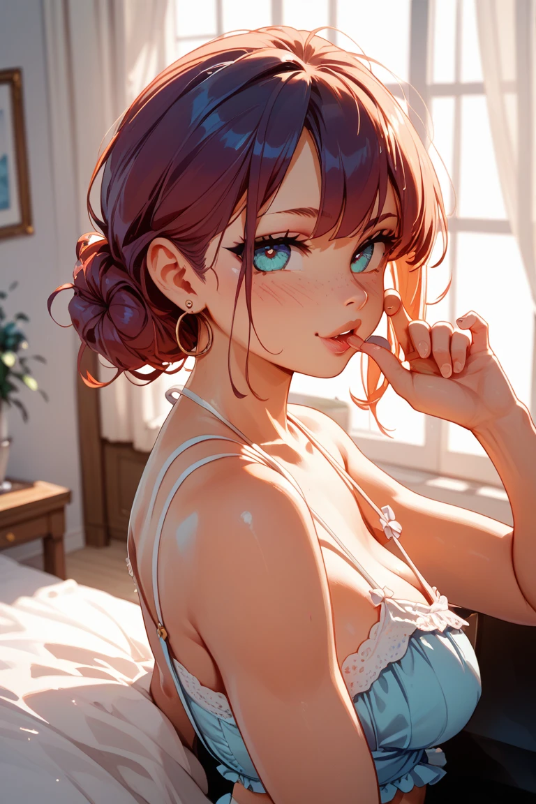 beautiful young woman, anime style, detailed face, red hair, red eyes, delicate features, soft lighting, wearing an enchanted swimsuit with magical patterns, lying on a bed, fantasy hospital room background, ornate decorations, magical elements, relaxed expression, dynamic pose, fantasy setting, Japanese anime style, high quality, highly detailed, 8k resolution, cinematic lighting, best quality, vibrant colors, Instagrammable, aesthetic, trendy