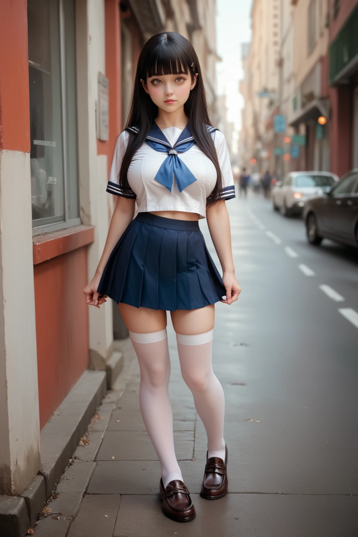 1girl in, (Blue eyes), angry looking face, (Extreme Long Shot ELS :1.3), ((In the name of Minaj)), wide hips, huge tit, Big ass, (Best Quality, 8K, masutepiece: 1.3)) ), Clear focus: 1.2 , Perfect Body Beauty: 1.4 , Slender Abs: 1.2, Wet body: 1.5 , Highly detailed face and skin texture, Detailed eyes, Double eyelids, (long twintail black hair), Tsukino Usagi \(Sailor Moon\), cleavage, Blue skirt, Red bow, a blond, Hair bun, Hair Ornament ,blue sailor collar, Red choker, Red boots, high-heels, Sailor Senshi Uniform, White Gloves, tiarra, elbow groves, Pleated skirt sitting on Tokyo street, on tokyo street, Japan buildings,