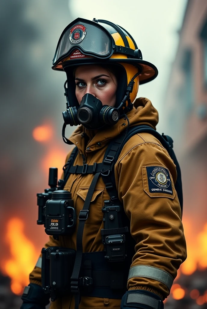 A powerful portrait of a firefighter in full gear, emerging from smoke, their face smeared with soot but eyes alight with determination and bravery, symbolizing the heroism of first responders.